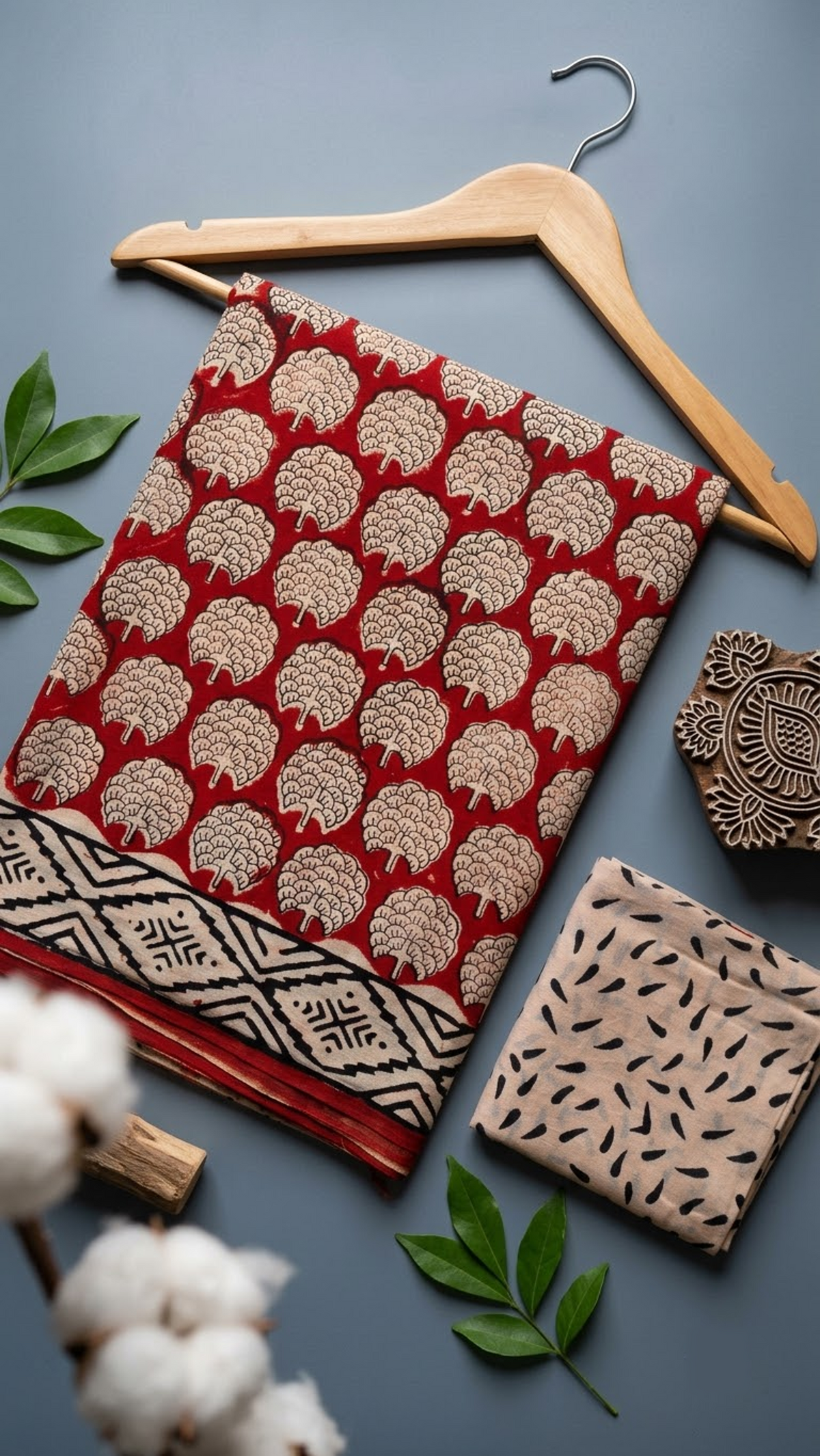 Red cotton saree with ivory floral medallions, black diamond border, and ivory black leaf-print blouse piece, arranged with the blouse piece in a styled flat lay