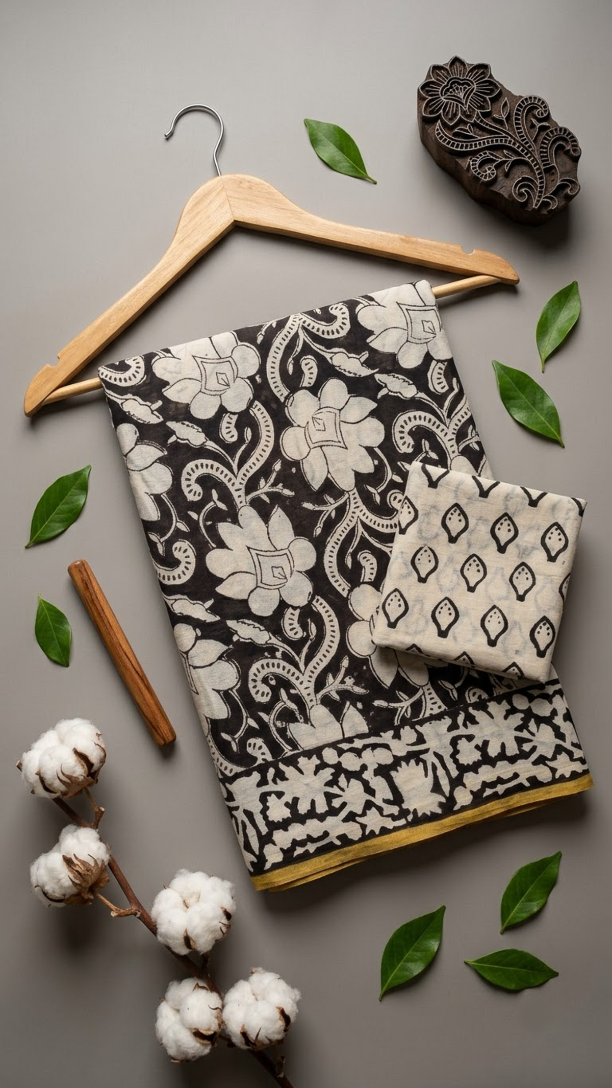 Black cotton saree with ivory floral scrolls, an ivory border with yellow edging, and ivory black motif blouse piece, arranged with the blouse piece in a styled flat lay