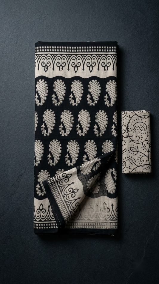 Black cotton saree with repeated ivory paisleys, ivory patterned border, and ivory scroll-print blouse piece, folded on a charcoal background