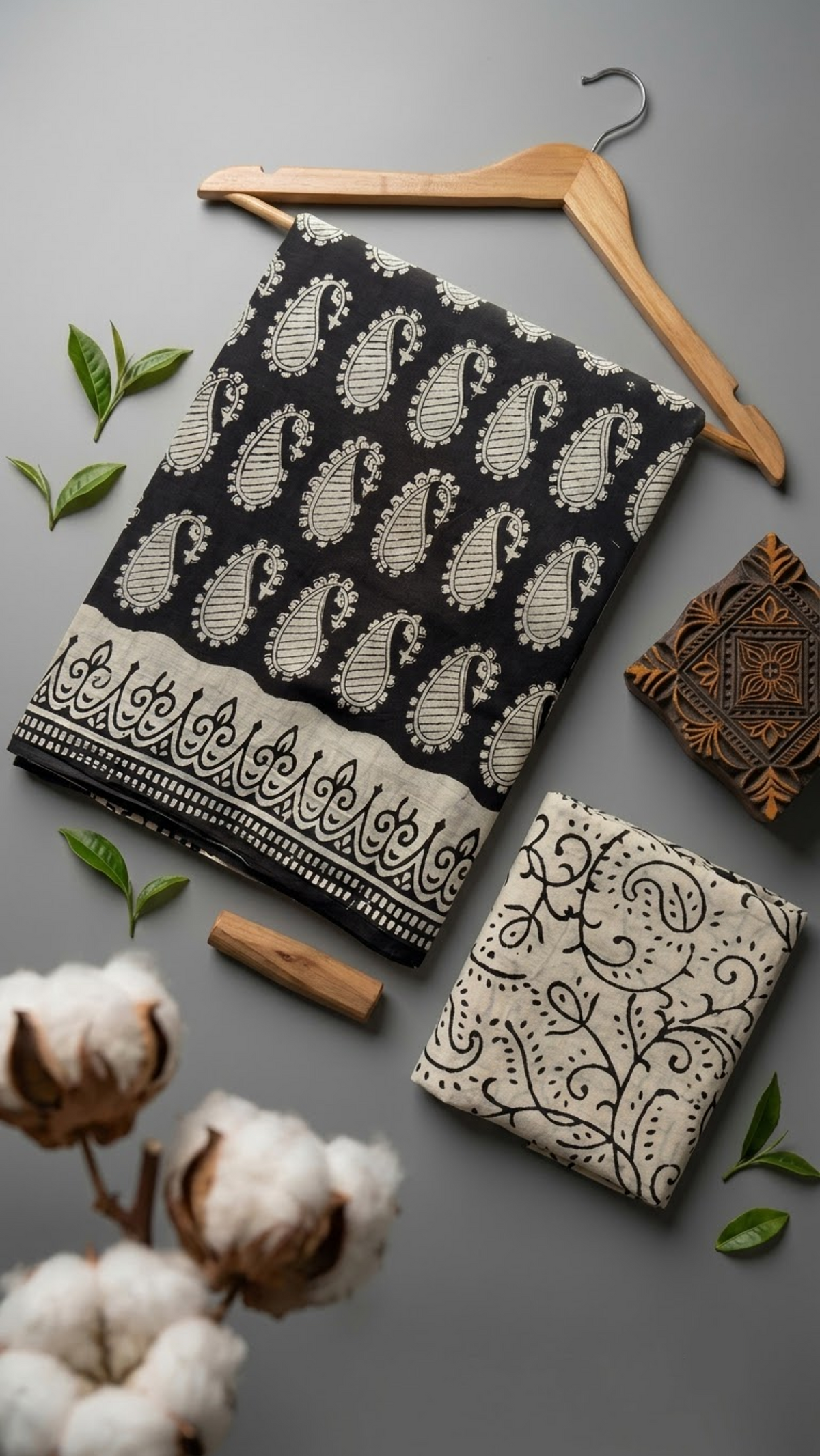 Black cotton saree with repeated ivory paisleys, ivory patterned border, and ivory scroll-print blouse piece, arranged with the blouse piece in a styled flat lay