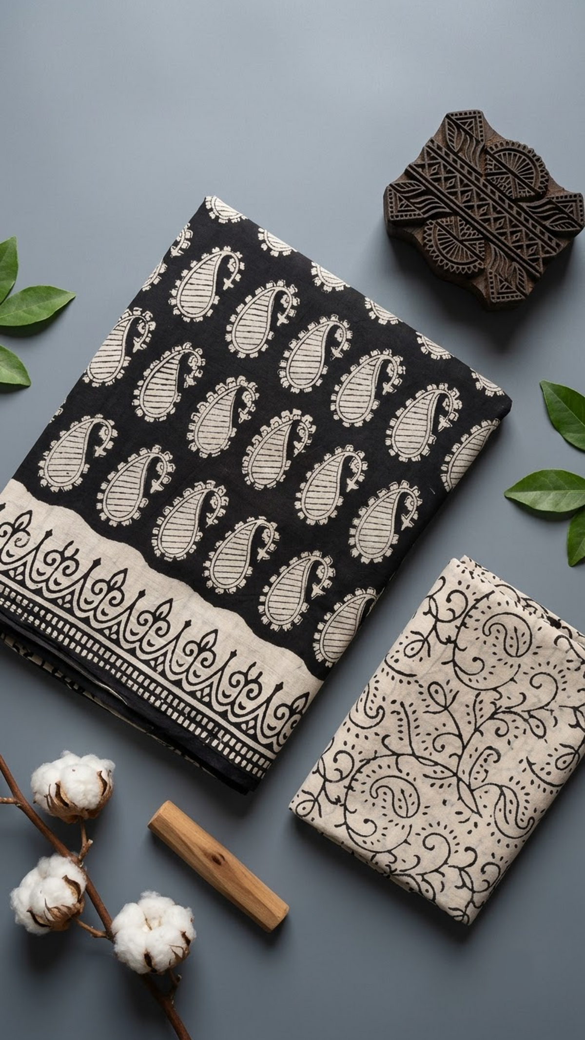 Black cotton saree with repeated ivory paisleys, ivory patterned border, and ivory scroll-print blouse piece, shown with the blouse piece in a close detail view