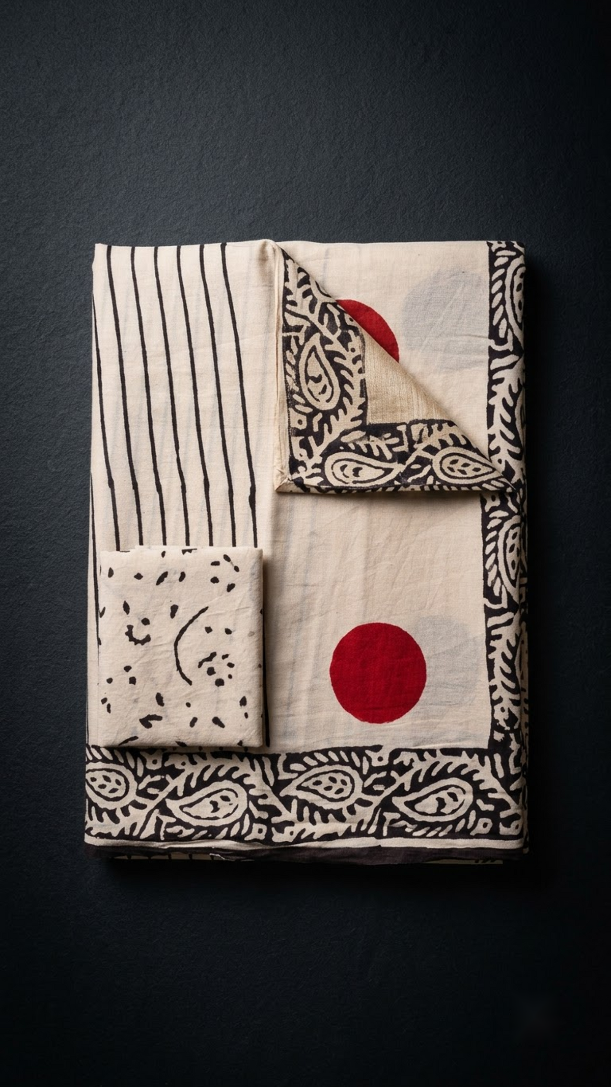 Ivory cotton saree with black stripes, red circles, black paisley border, and ivory abstract-print blouse piece, folded on a charcoal background