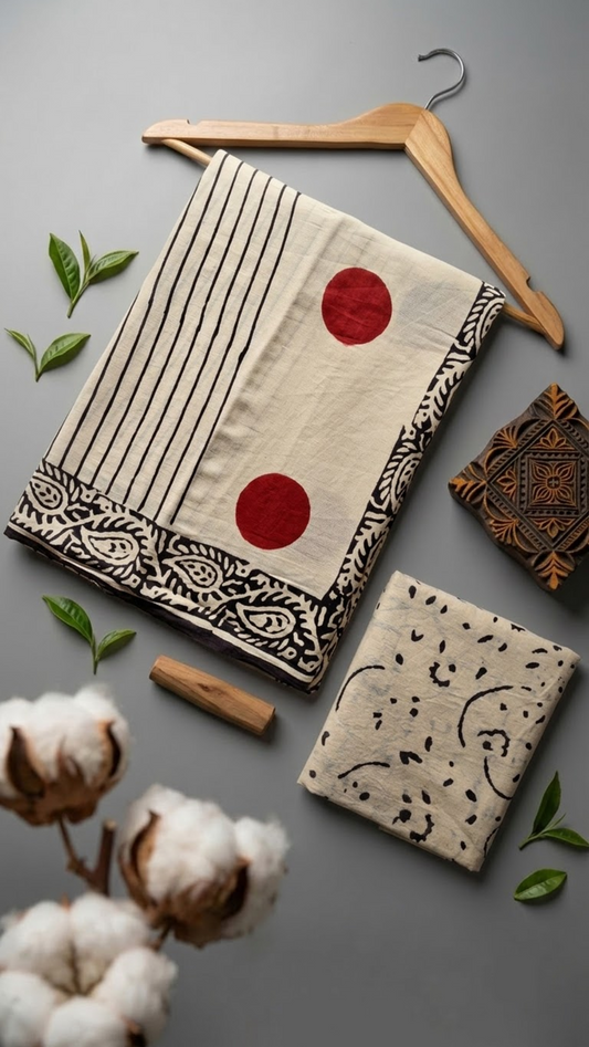Ivory cotton saree with black stripes, red circles, black paisley border, and ivory abstract-print blouse piece, arranged with the blouse piece in a styled flat lay