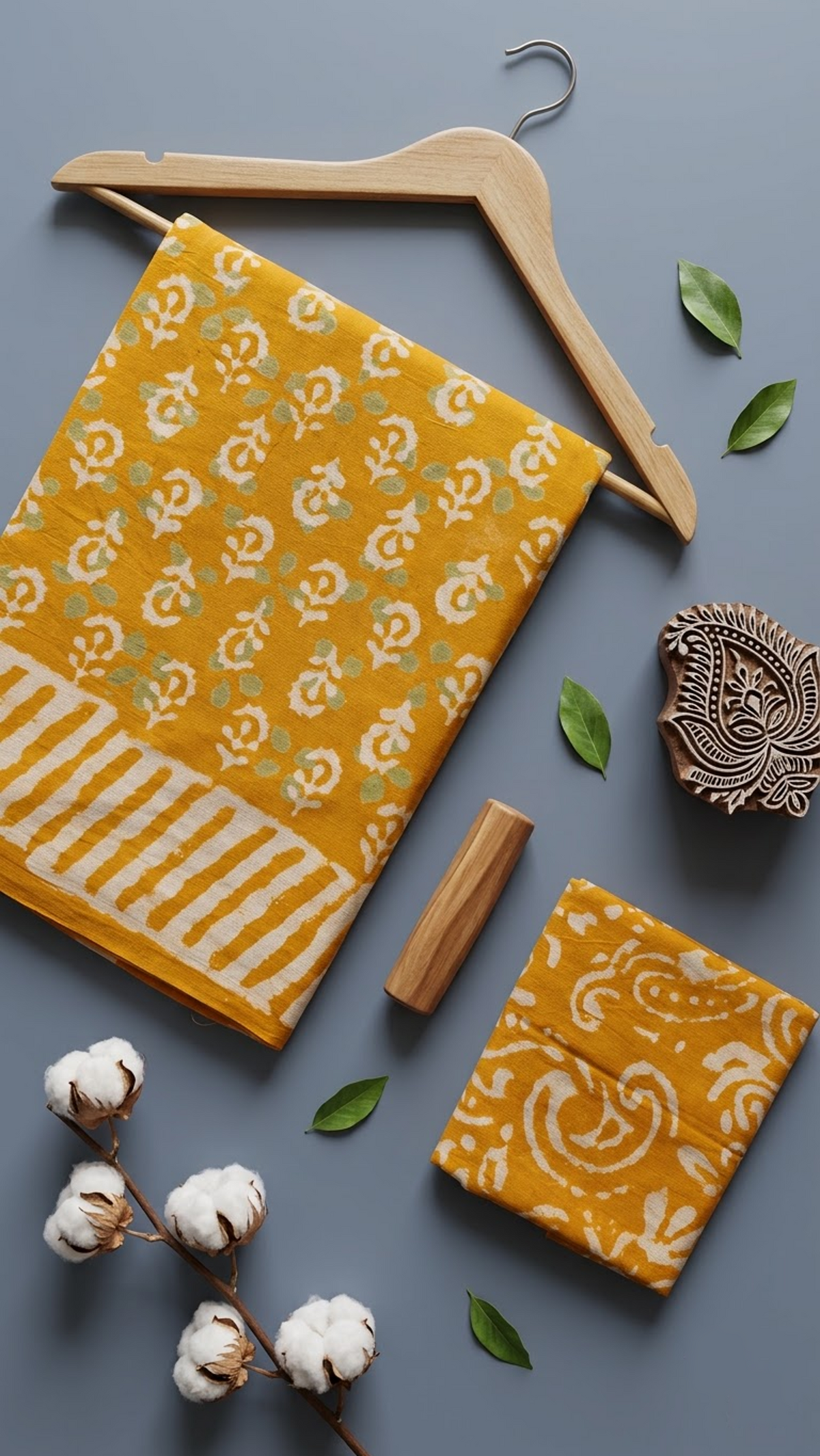 Orange paisley cotton saree with its swirl-print blouse piece in a styled flat lay
