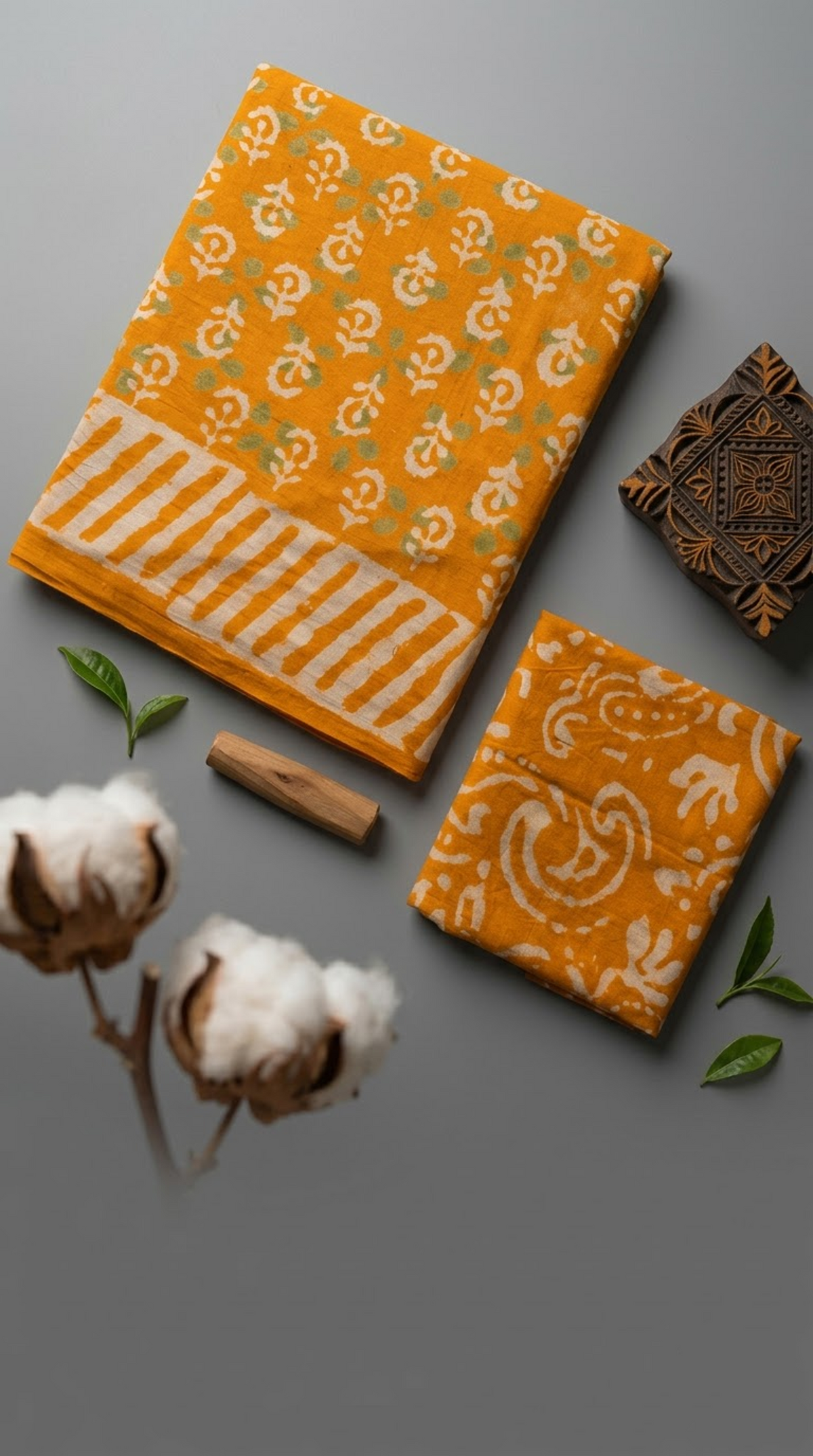 Close view of orange cotton saree with ivory paisleys and a swirl-print blouse piece