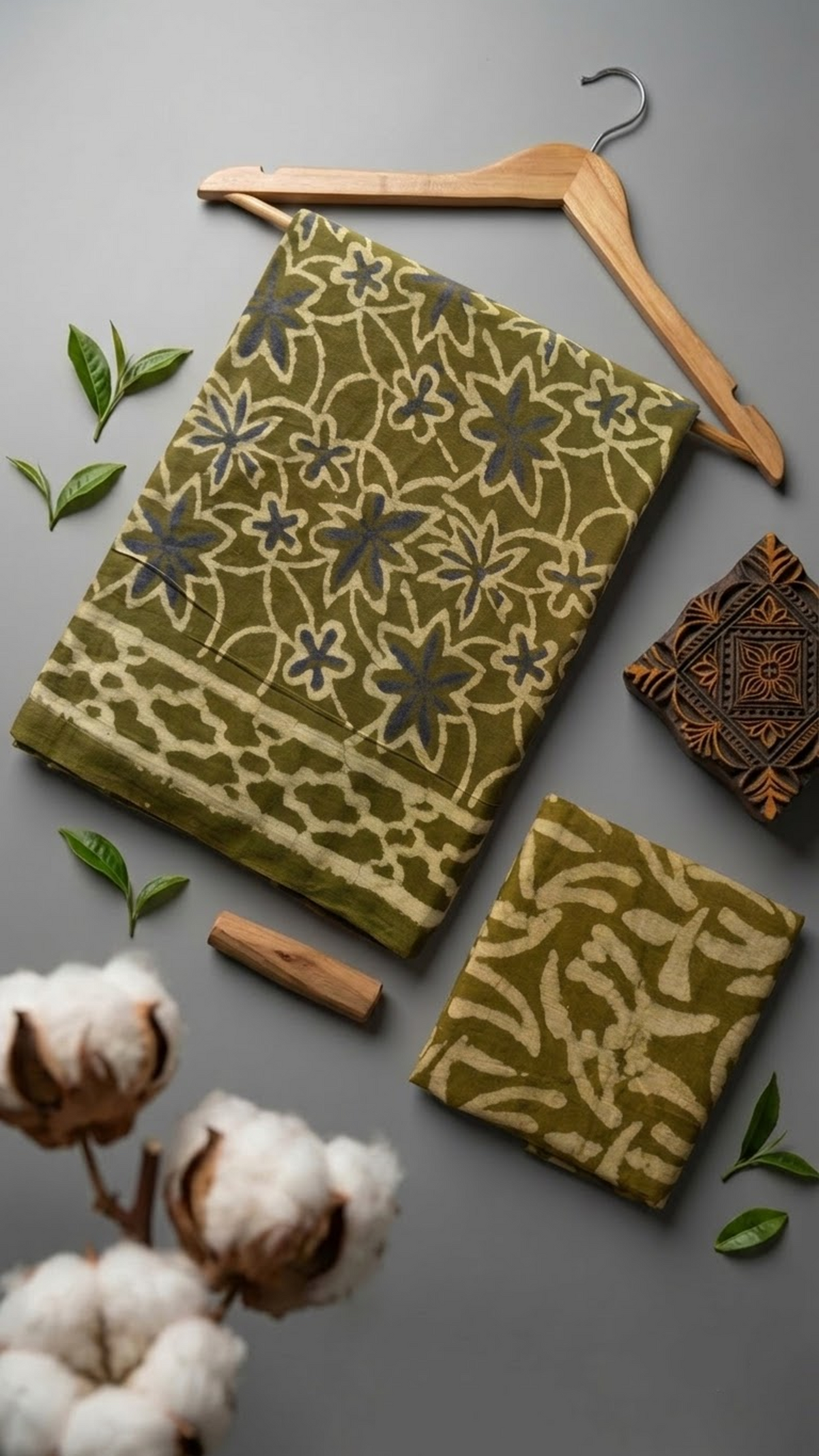 Olive floral cotton saree with its abstract leaf-pattern blouse piece in a styled flat lay