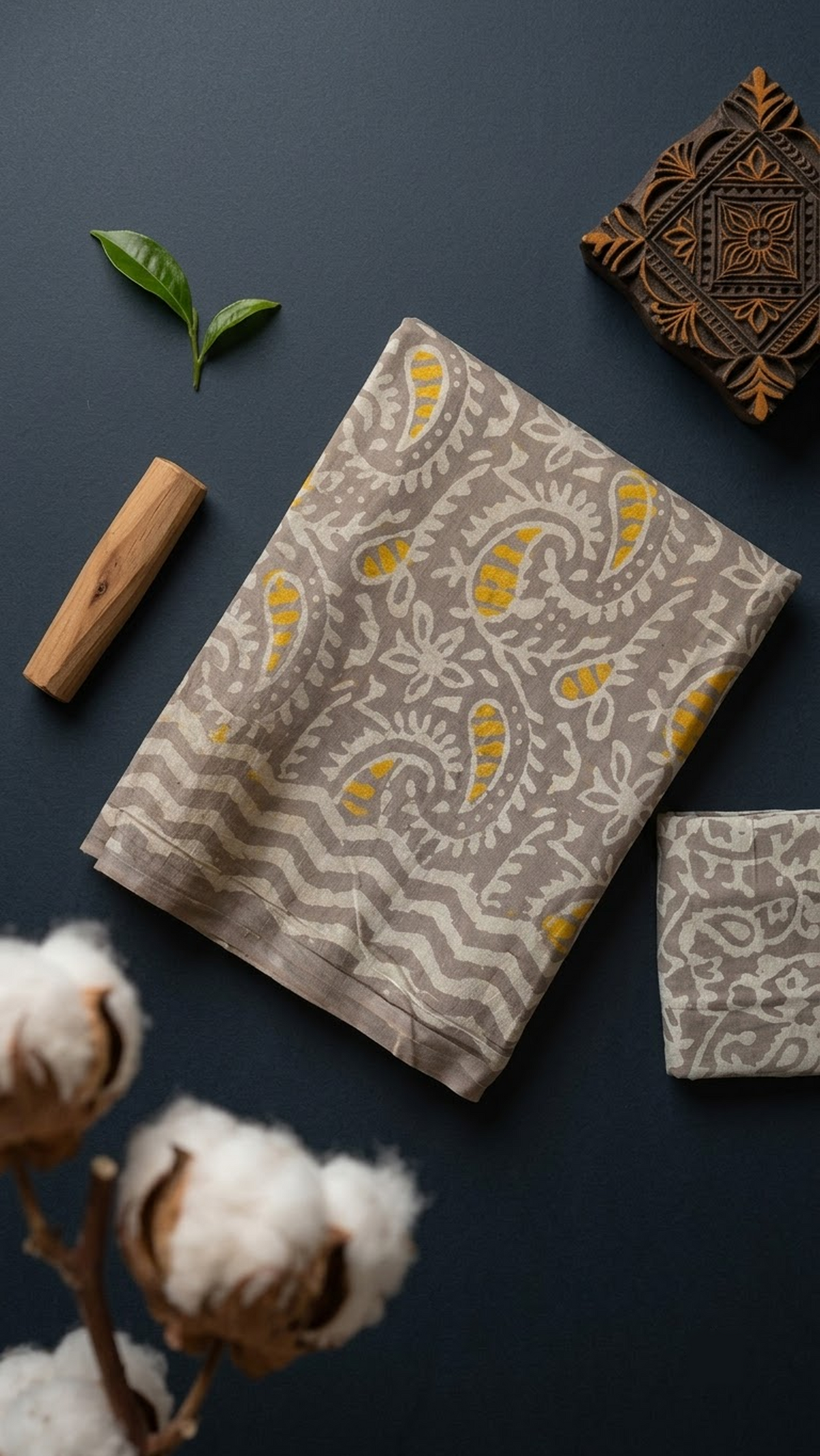 Close view of grey cotton saree with yellow-accented paisleys, wavy border, and grey patterned blouse piece