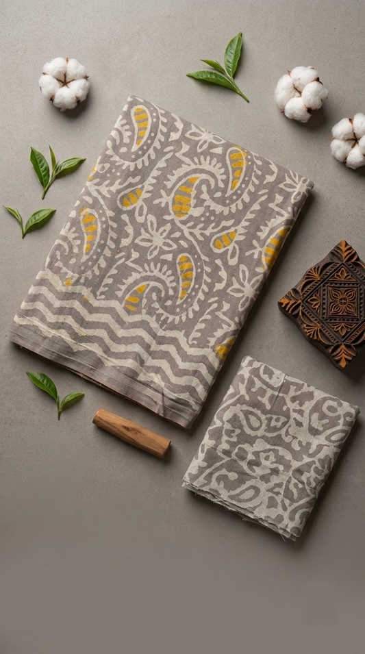 Grey paisley cotton saree with wavy border and an additional paisley fabric piece in a styled flat lay