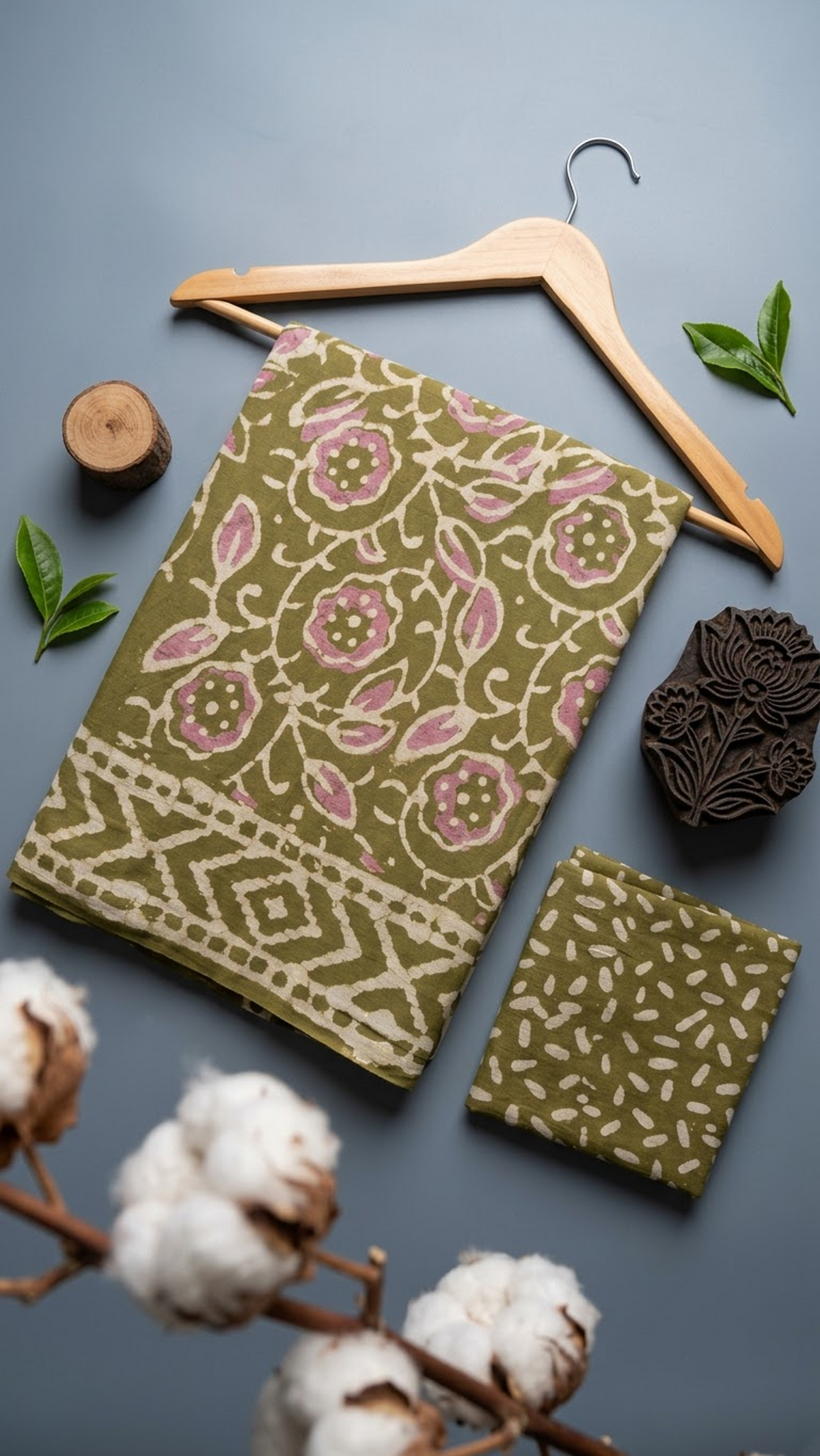 Olive cotton saree with pink flowers and ivory leaves, ivory diamond border, and olive leaf-print blouse piece, arranged with the blouse piece in a styled flat lay