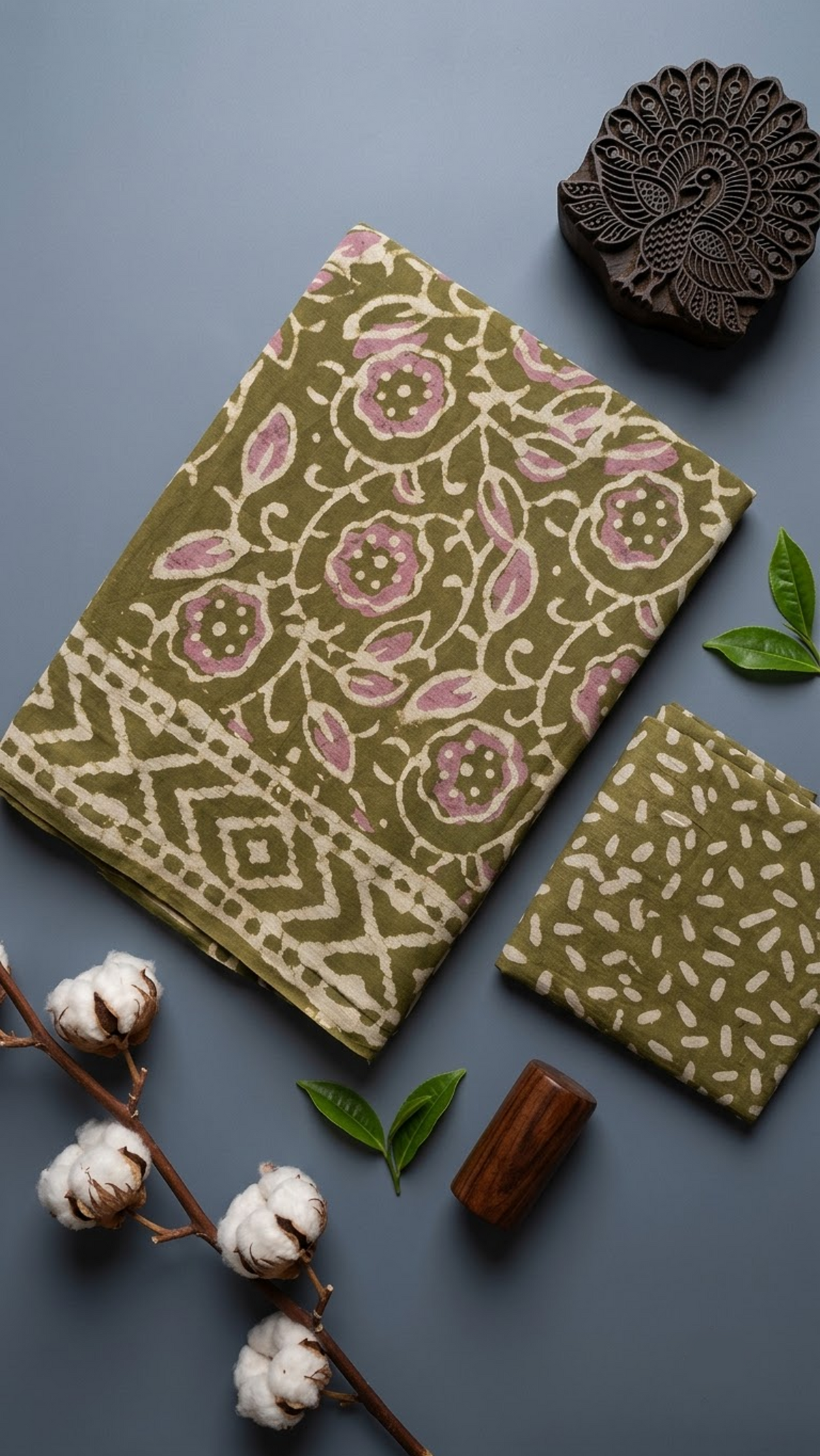 Olive cotton saree with pink flowers and ivory leaves, ivory diamond border, and olive leaf-print blouse piece, shown with the blouse piece in a close detail view