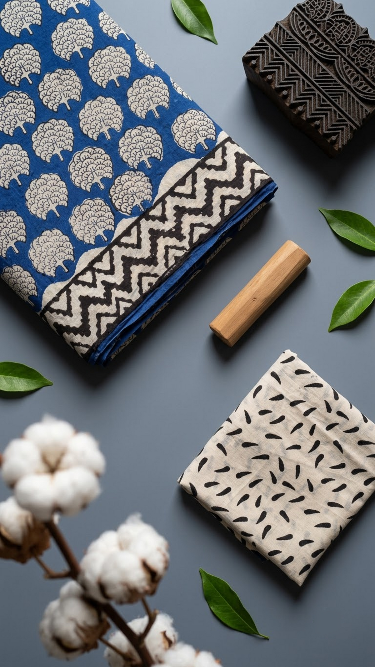 Close view of royal blue cotton saree with ivory medallions, stepped border, and ivory black leaf-print blouse piece