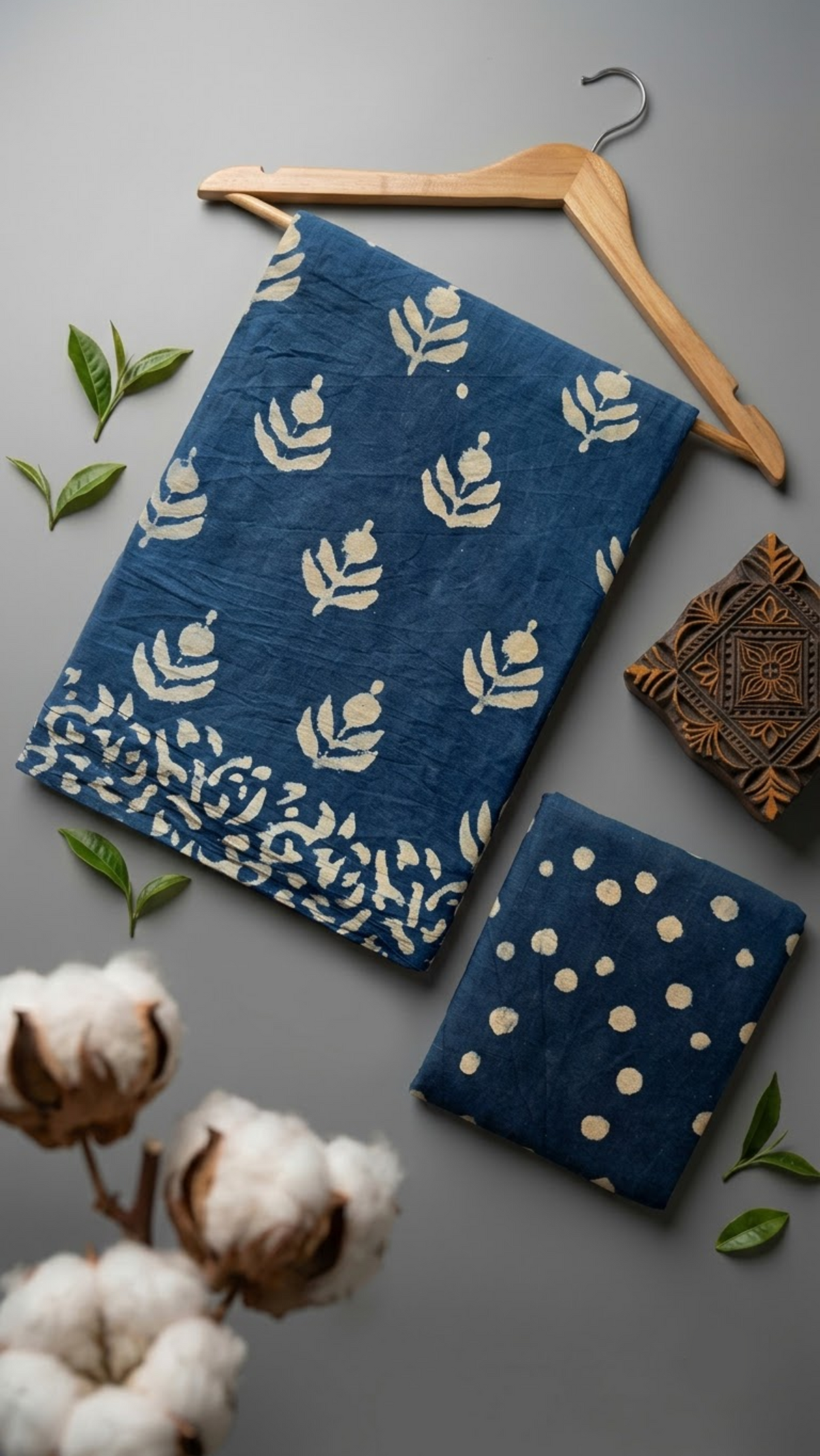 Blue cotton saree with ivory plant sprigs, ivory botanical border, and navy dotted blouse piece, arranged with the blouse piece in a styled flat lay