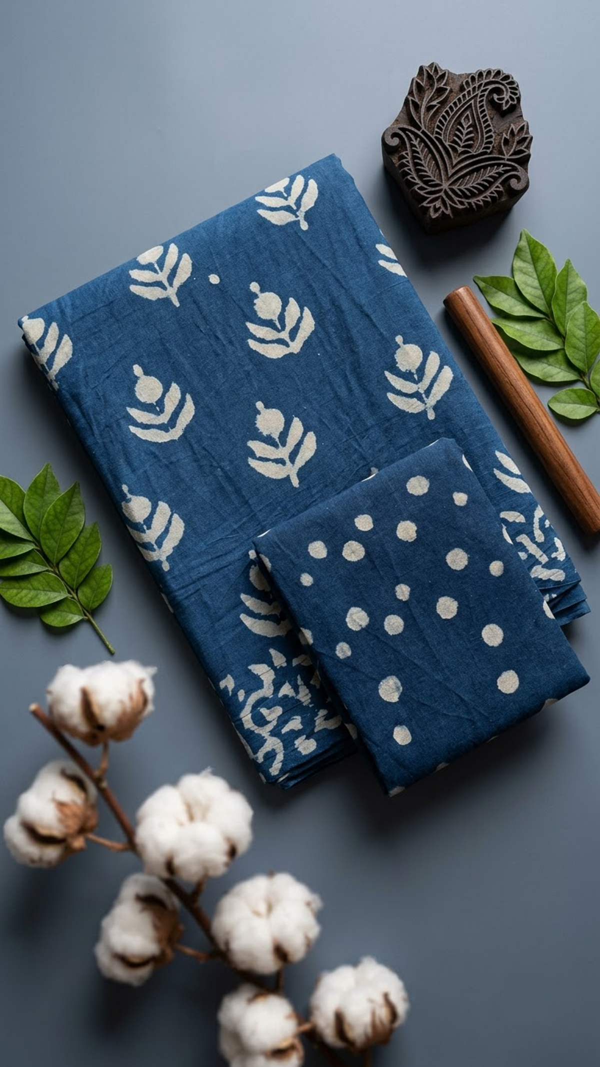 Blue cotton saree with ivory plant sprigs, ivory botanical border, and navy dotted blouse piece, shown with the blouse piece in a close detail view