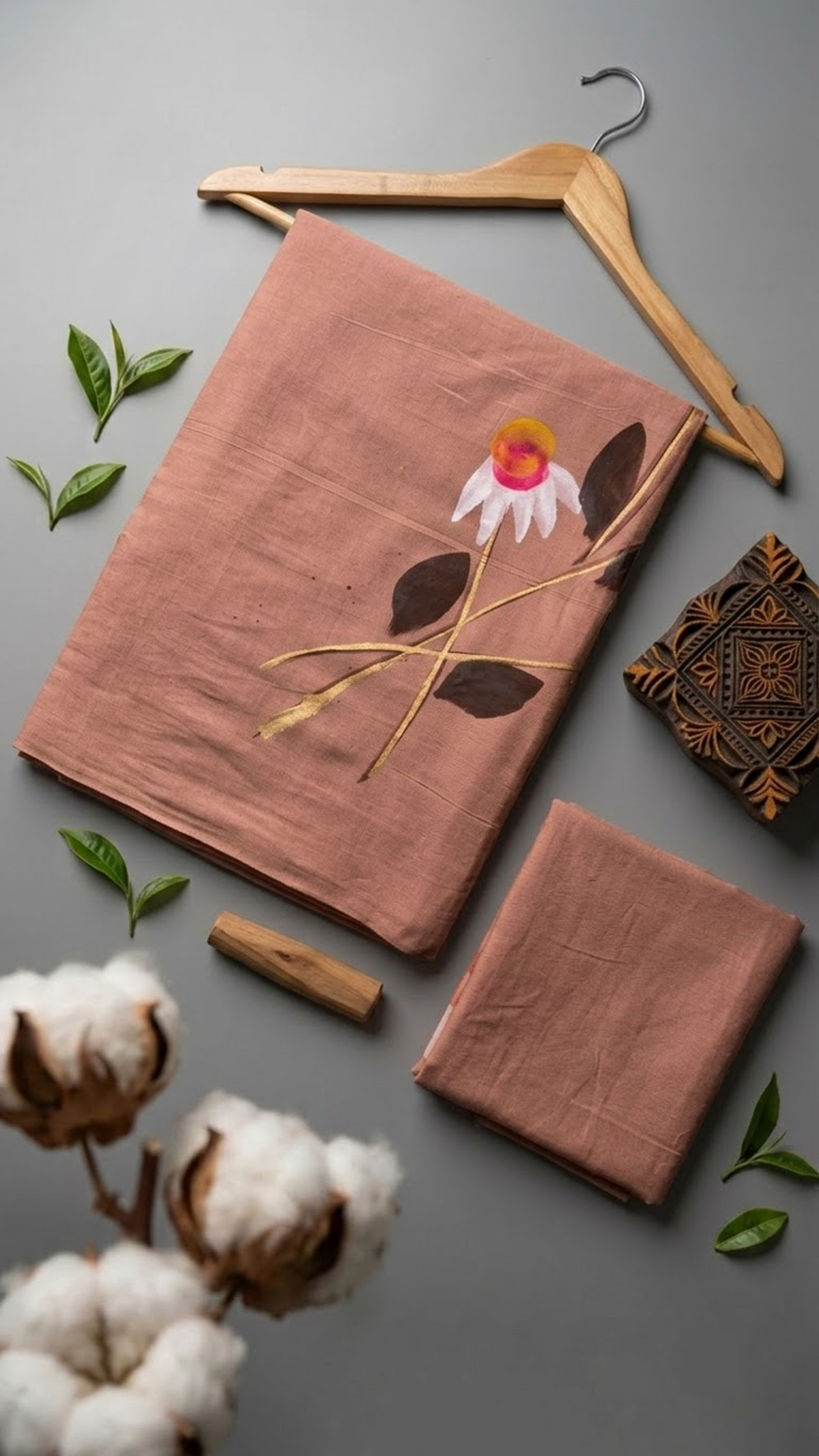 Dusty peach floral cotton saree with its coordinating plain blouse piece in a styled flat lay