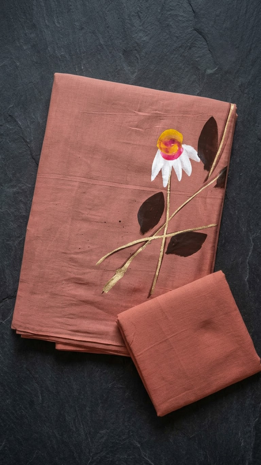 Dusty peach cotton saree with an ivory flower and dark leaves, folded on charcoal