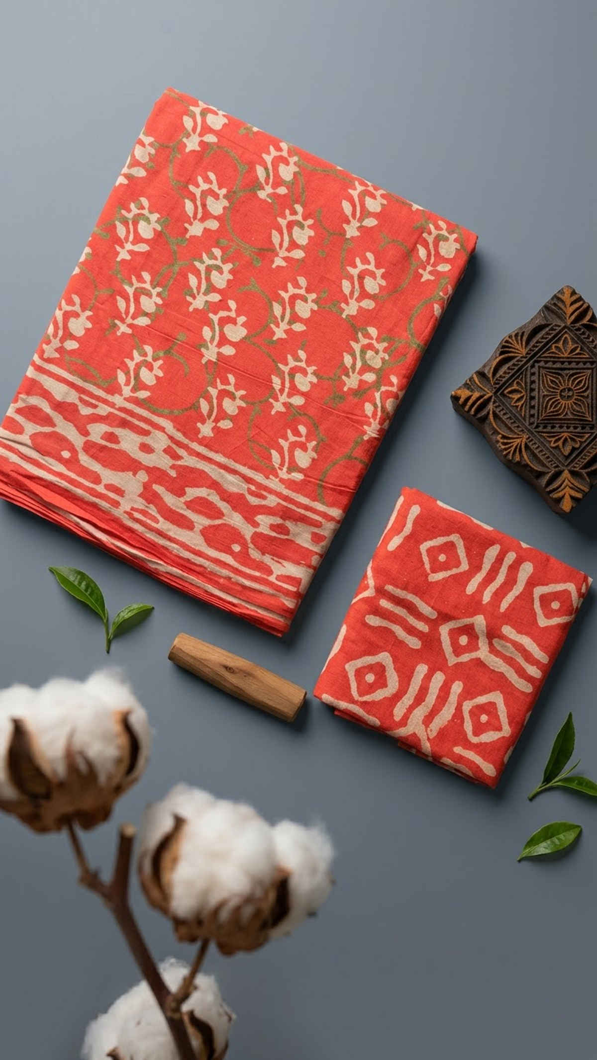 Close view of coral botanical fabric, abstract border, and geometric blouse piece