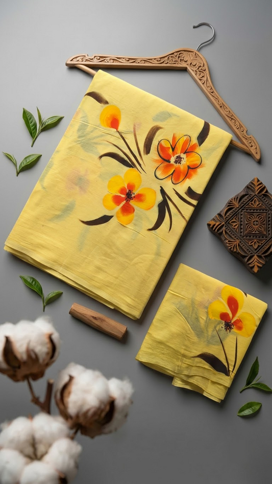 Yellow floral cotton saree with its coordinating floral blouse piece in a styled flat lay