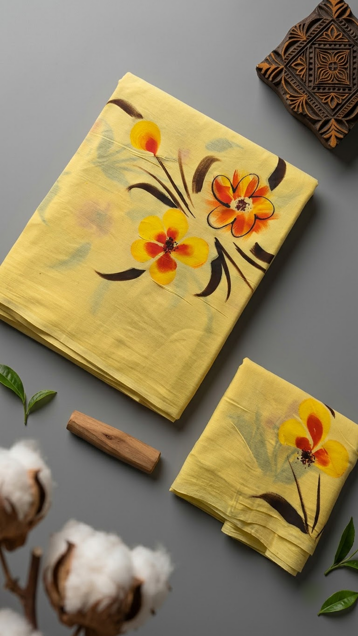 Close view of yellow fabric with orange-and-yellow blossoms and a floral blouse piece