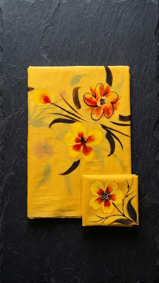 Yellow cotton saree with orange flowers and dark leaves, folded on charcoal