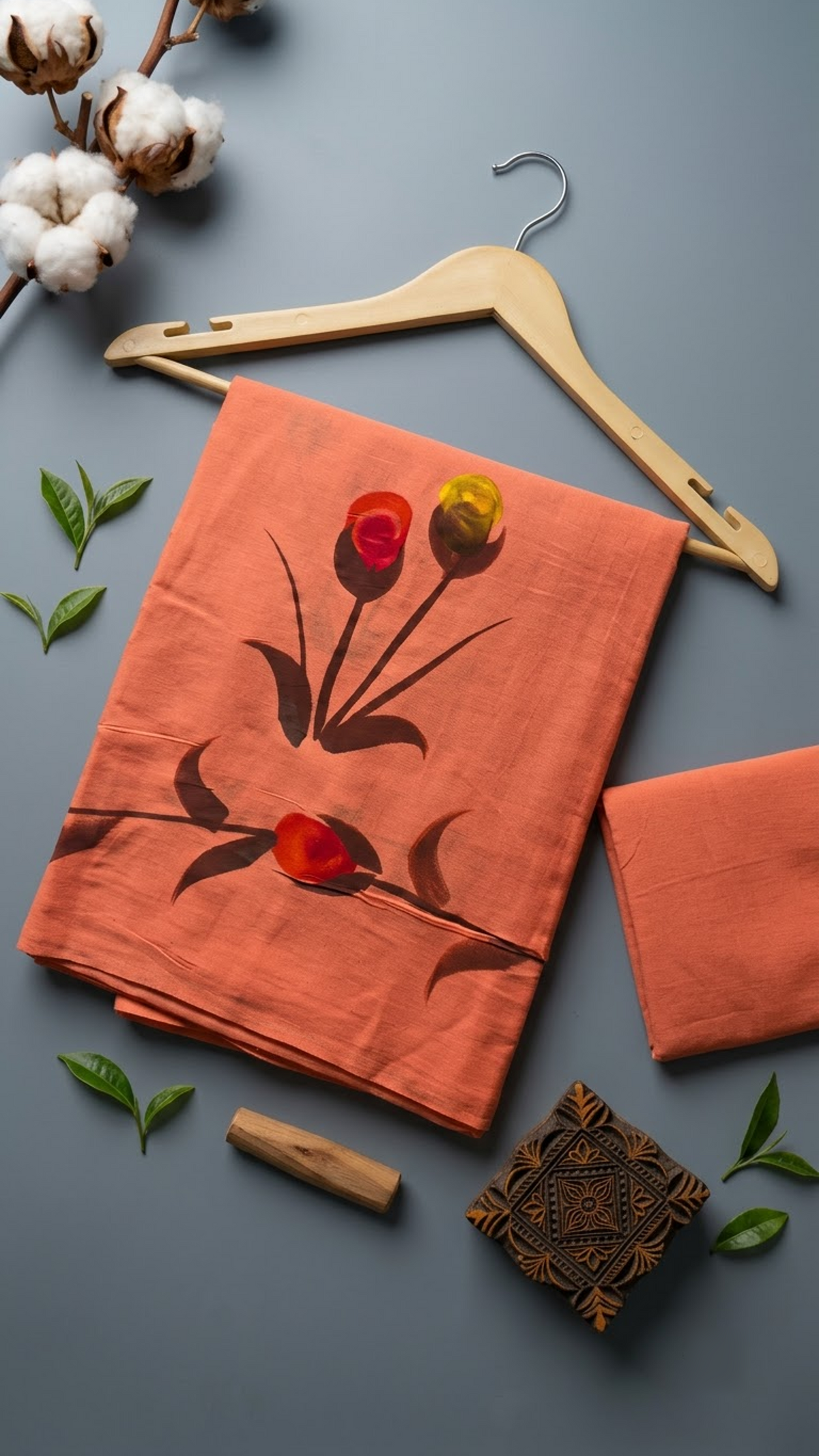 Coral orange floral cotton saree with its coordinating plain blouse piece in a styled flat lay