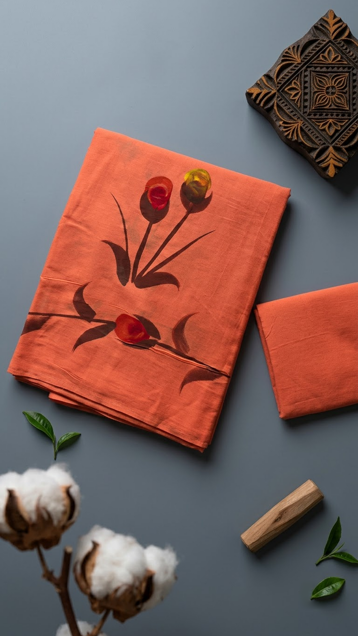 Close view of coral orange fabric with flower buds, dark stems, and plain blouse piece