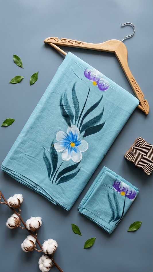 Aqua cotton saree with a blue-and-ivory flower, dark teal leaves, purple buds, and coordinating botanical blouse piece, arranged with the blouse piece in a styled flat lay