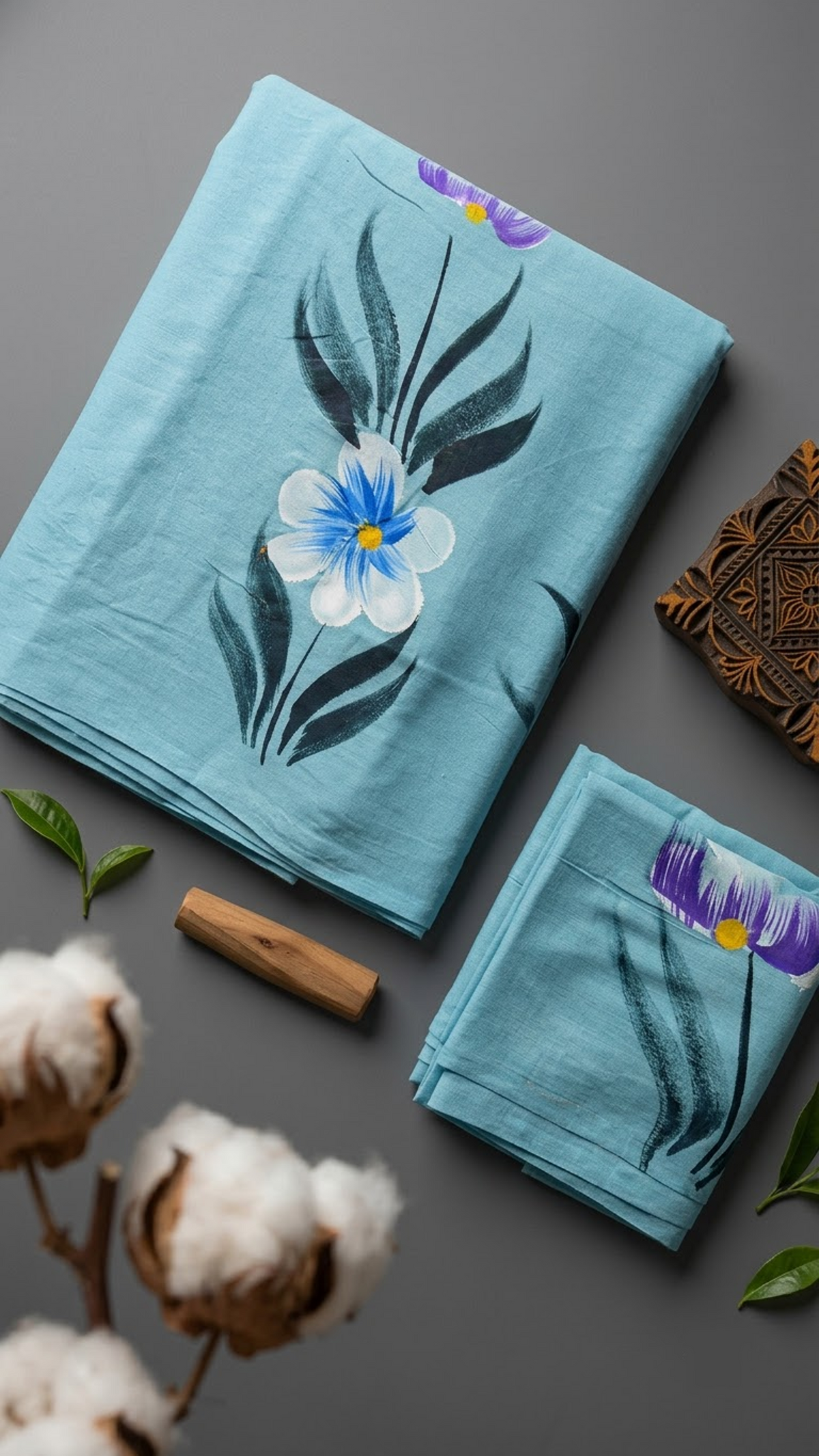 Aqua cotton saree with a blue-and-ivory flower, dark teal leaves, purple buds, and coordinating botanical blouse piece, shown with the blouse piece in a close detail view