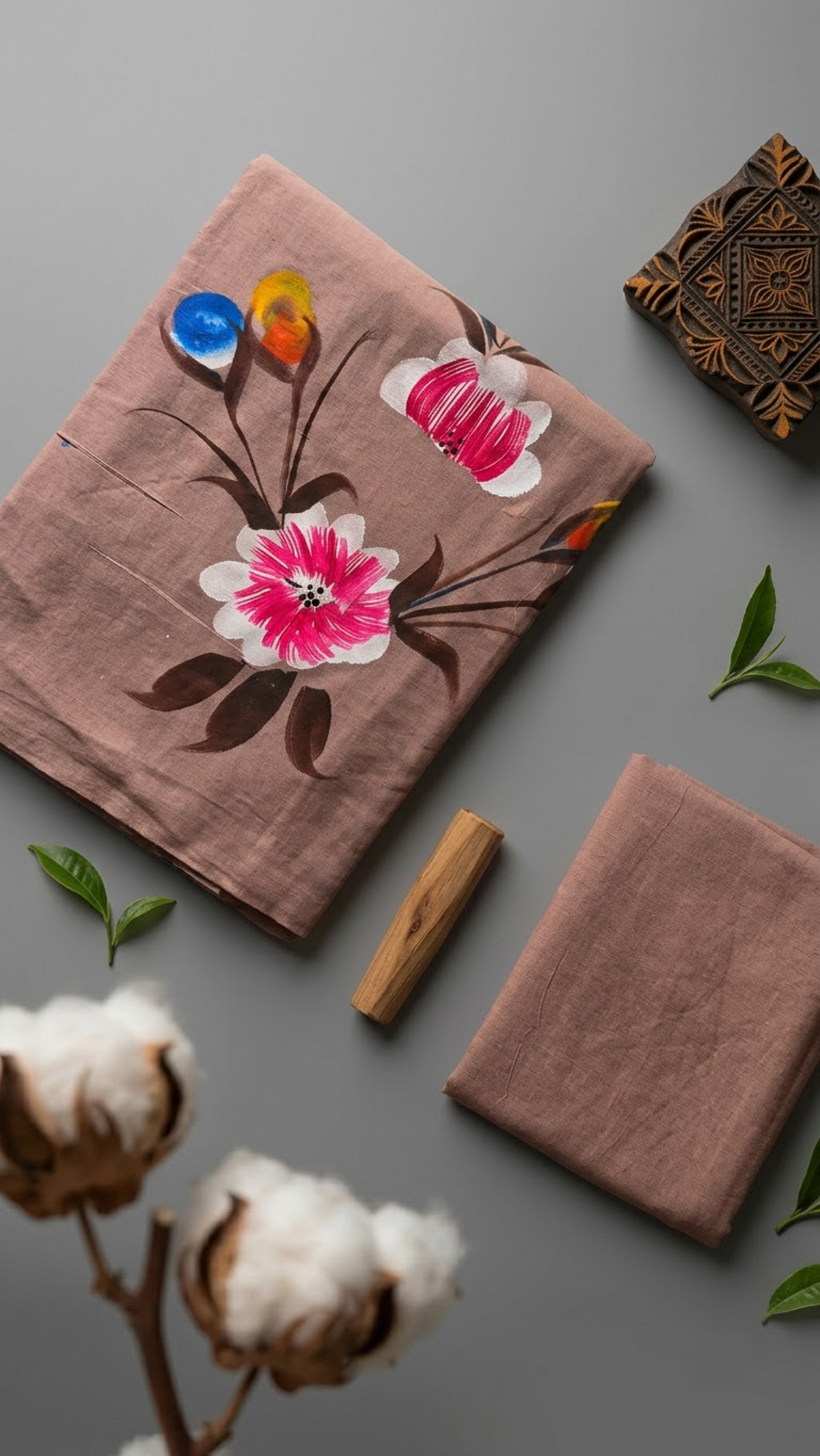 Close view of dusty rose cotton fabric with pink-and-ivory flowers, coloured buds, dark brown leaves, and plain matching blouse piece
