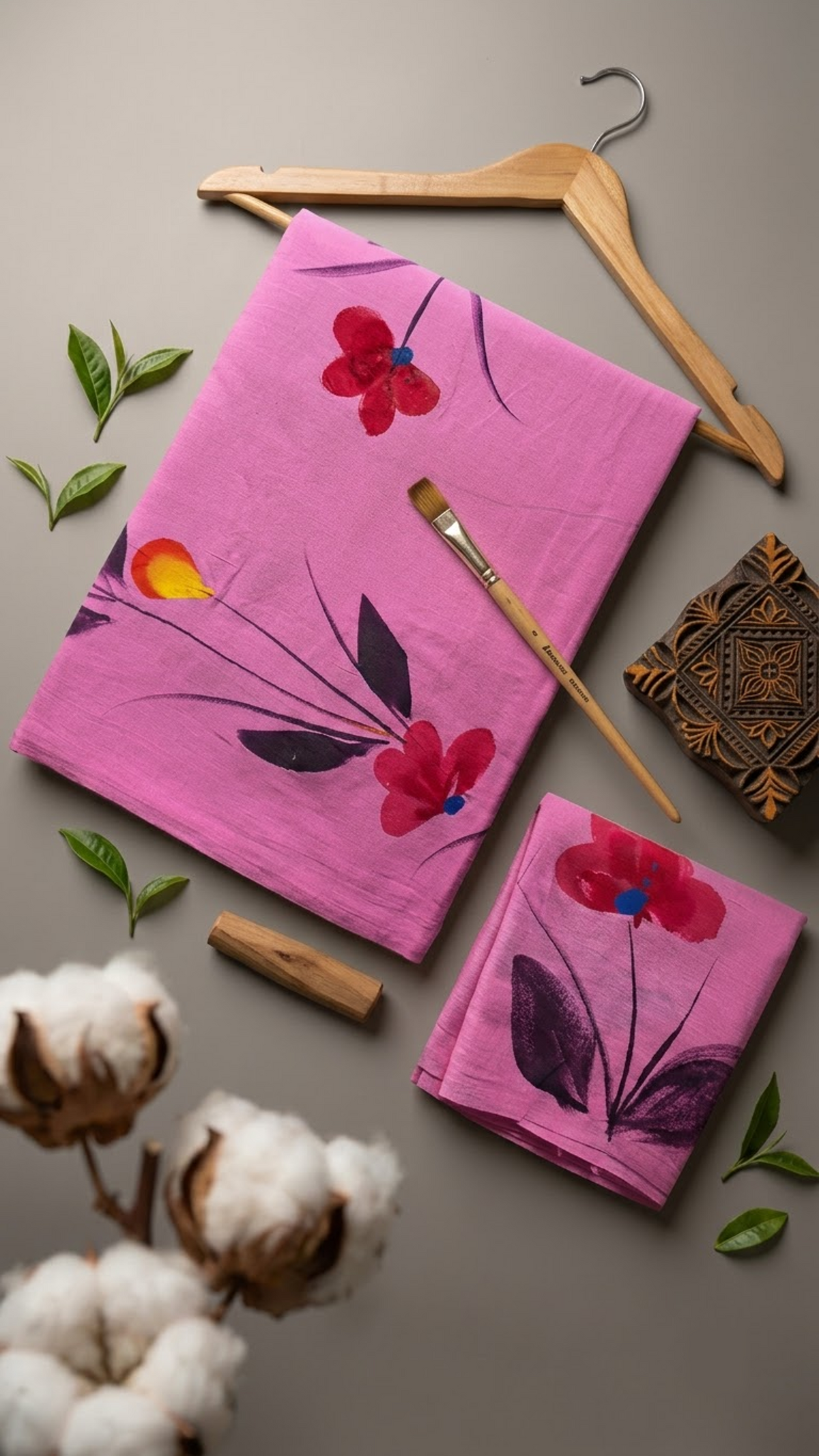 Pink floral cotton saree and matching pink floral blouse piece arranged in an artisan flat lay