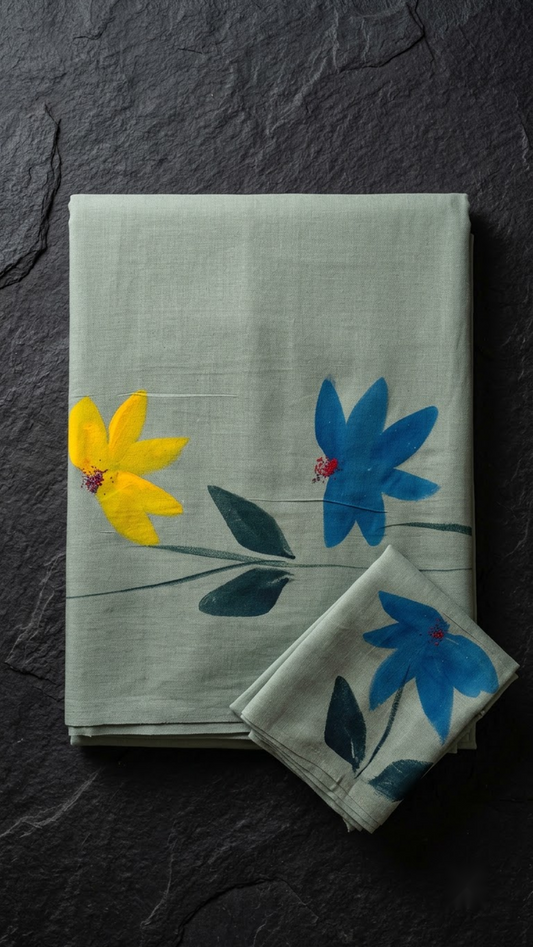 Sage green cotton saree with blue and yellow flowers, dark green leaves, and a coordinating blue floral blouse piece, folded on a charcoal background