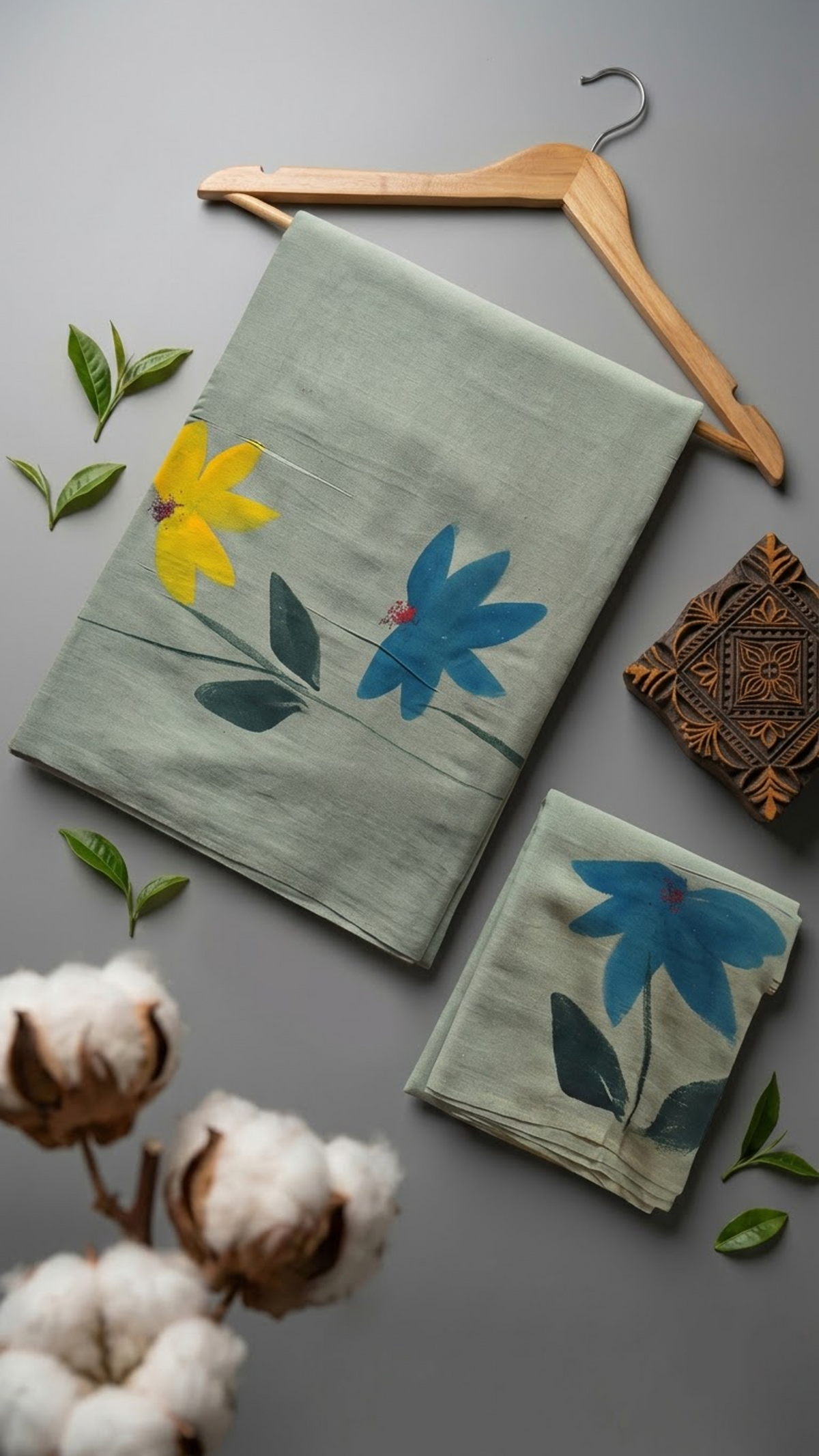 Sage green cotton saree with blue and yellow flowers, dark green leaves, and a coordinating blue floral blouse piece, arranged with the blouse piece in a styled flat lay