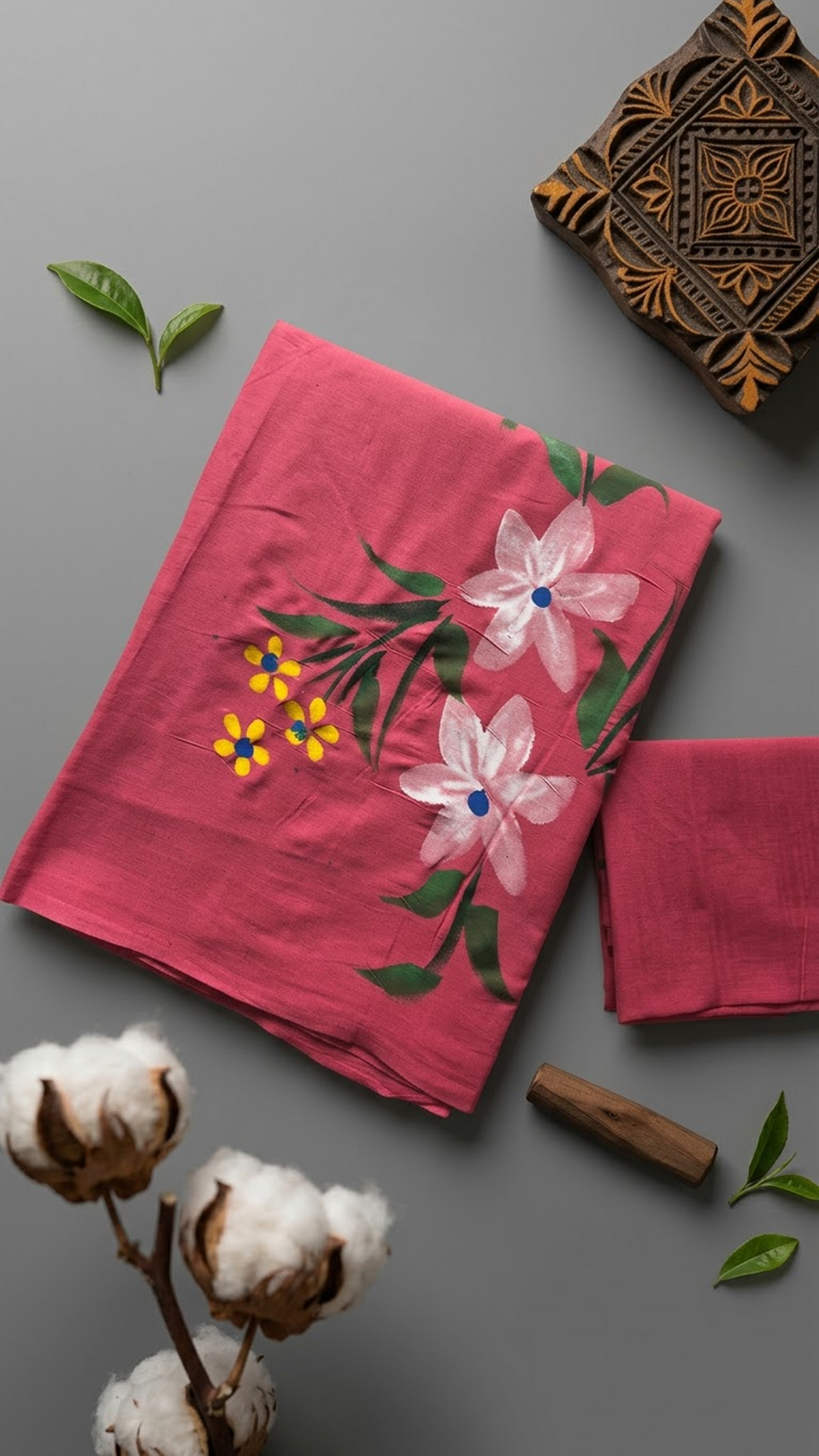Rose pink cotton saree with white and yellow flowers, green leafy stems, and a plain rose pink blouse piece, shown with the blouse piece in a close detail view