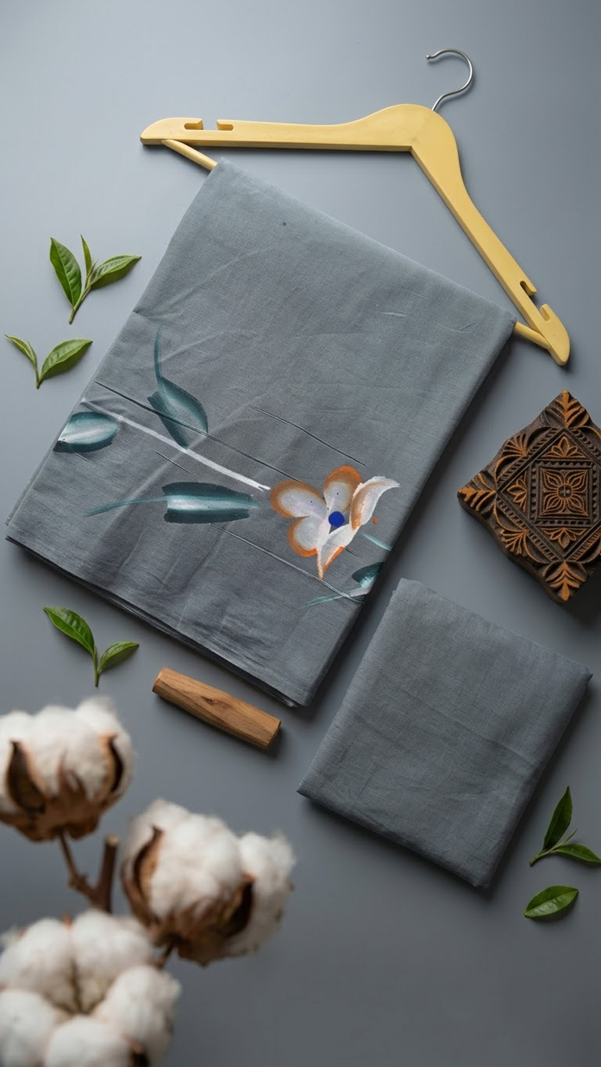 Grey floral cotton saree and plain matching grey blouse piece arranged in an artisan flat lay