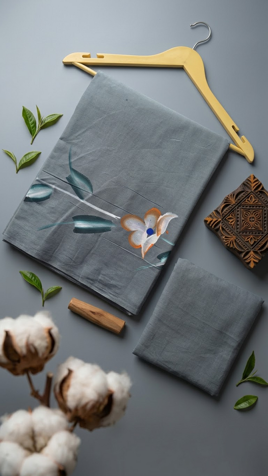 Grey floral cotton saree and plain matching grey blouse piece arranged in an artisan flat lay