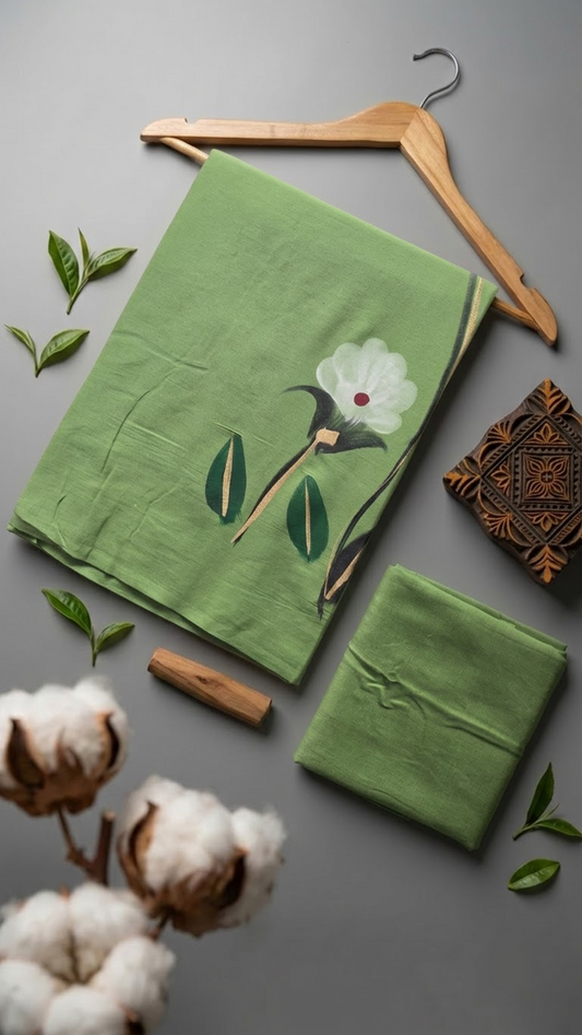 Light green cotton saree with a white flower, red centre, dark green leaves, and a plain light green blouse piece, arranged with the blouse piece in a styled flat lay