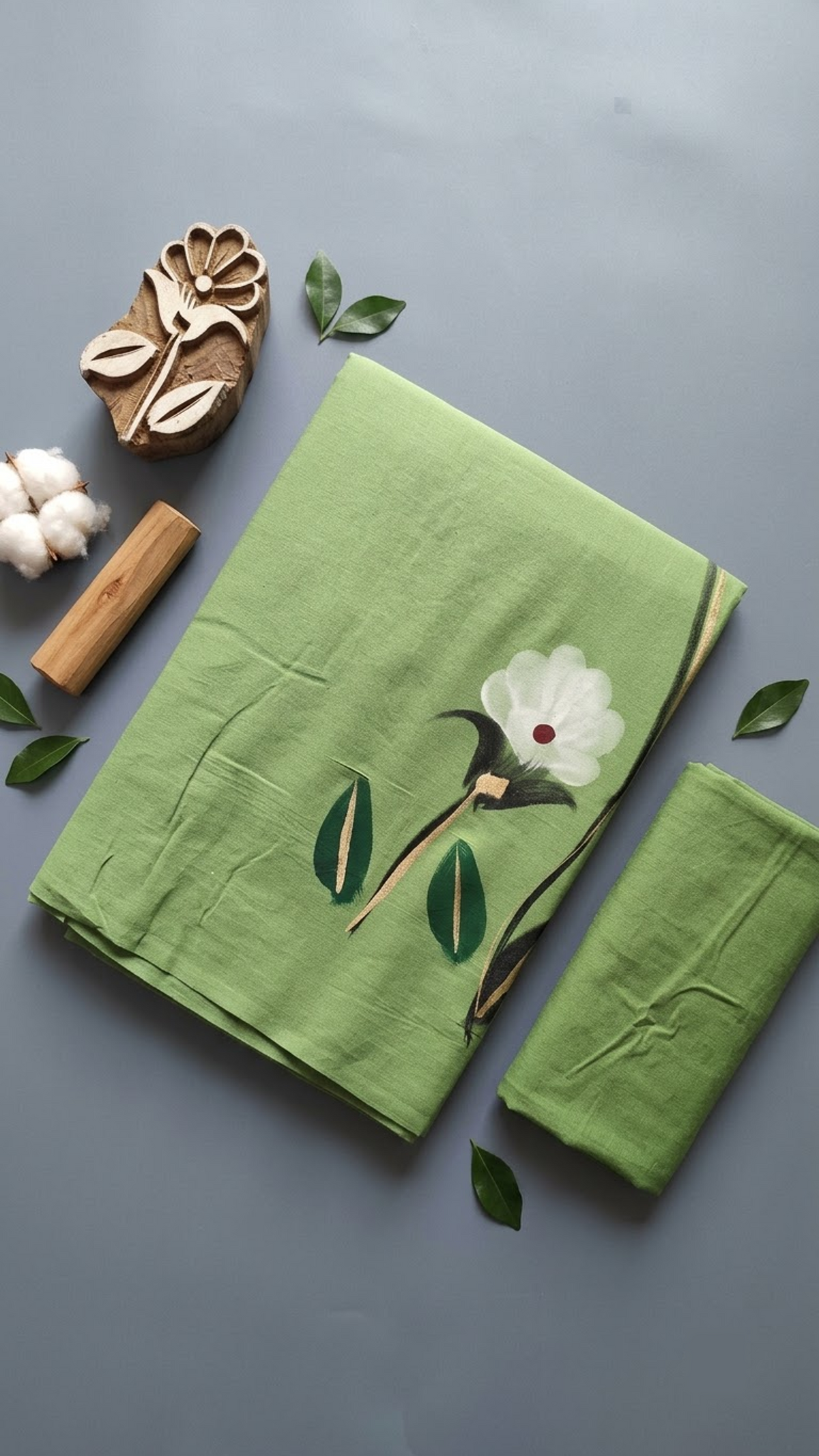 Light green cotton saree with a white flower, red centre, dark green leaves, and a plain light green blouse piece, shown with the blouse piece in a close detail view