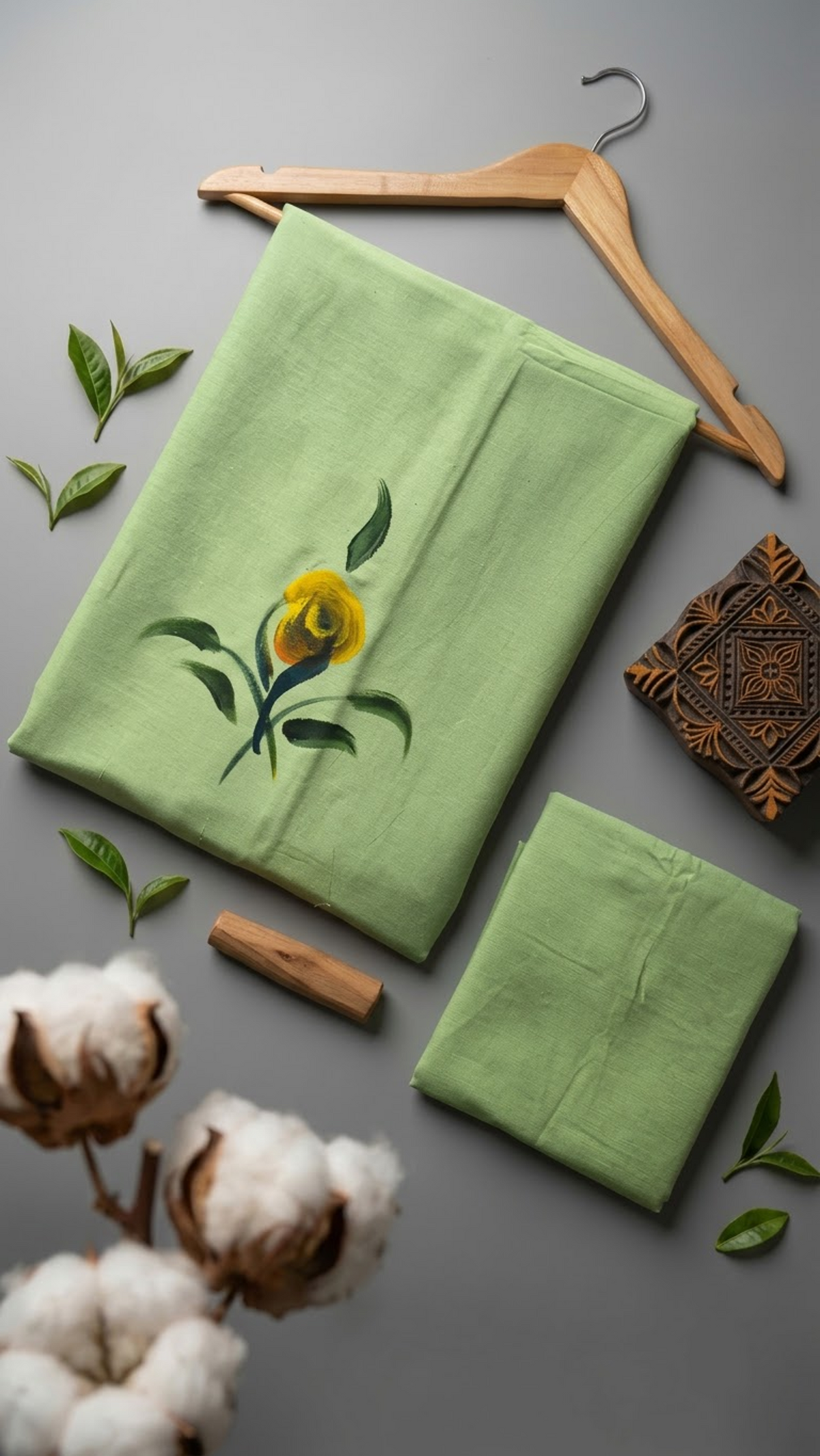 Light green cotton saree with a yellow flower, dark green leafy stems, and a plain light green blouse piece, arranged with the blouse piece in a styled flat lay