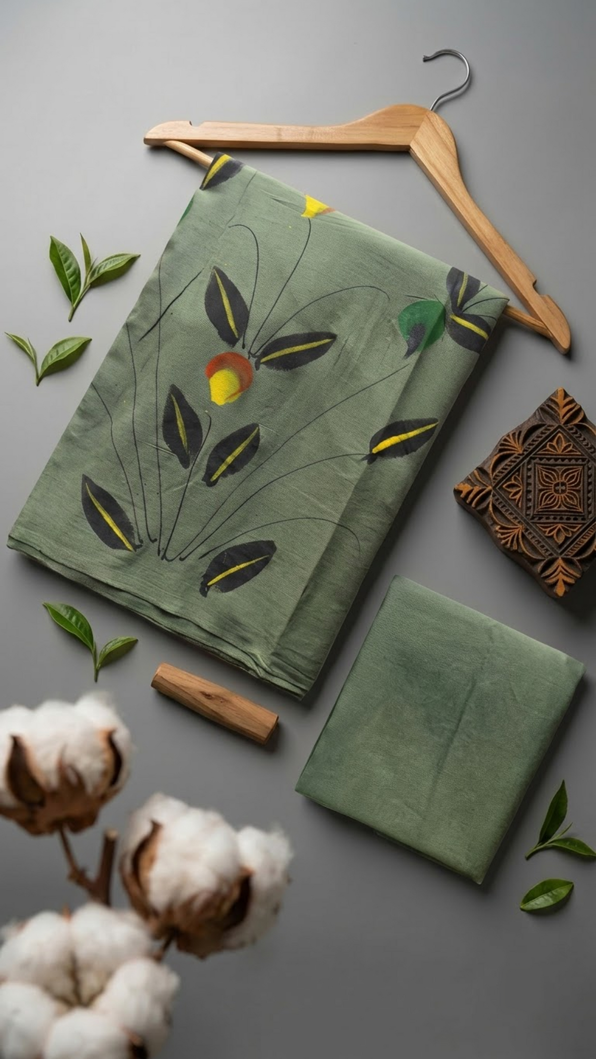Sage green cotton saree with dark botanical leaves, yellow accents, and a plain sage green blouse piece, arranged with the blouse piece in a styled flat lay