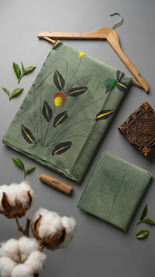 Sage green cotton saree with dark botanical leaves, yellow accents, and a plain sage green blouse piece, arranged with the blouse piece in a styled flat lay