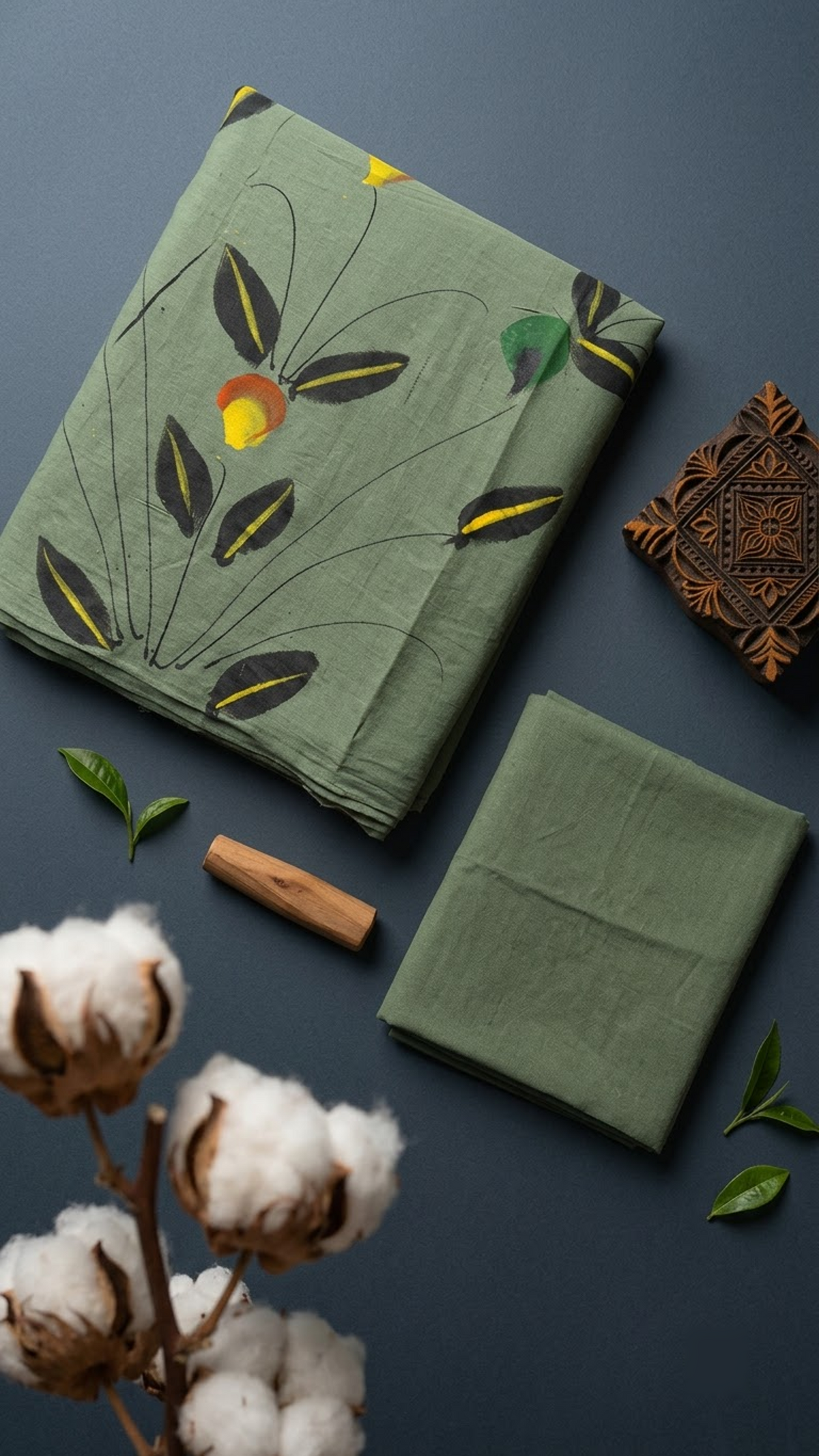 Sage green cotton saree with dark botanical leaves, yellow accents, and a plain sage green blouse piece, shown with the blouse piece in a close detail view