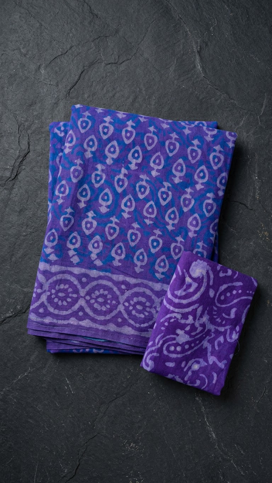 Purple cotton saree with light teardrop motifs, blue accents, a circular patterned border, and a purple paisley blouse piece, folded on a charcoal background