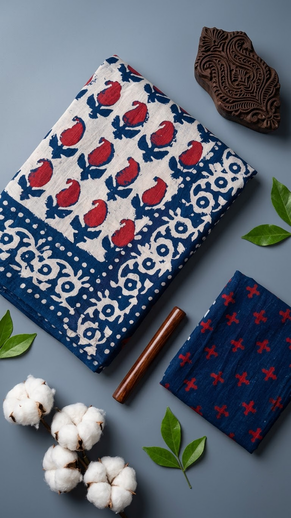 Close detail of red buds, navy leaves, and the navy-and-ivory floral border on cotton fabric with the red-cross blouse piece