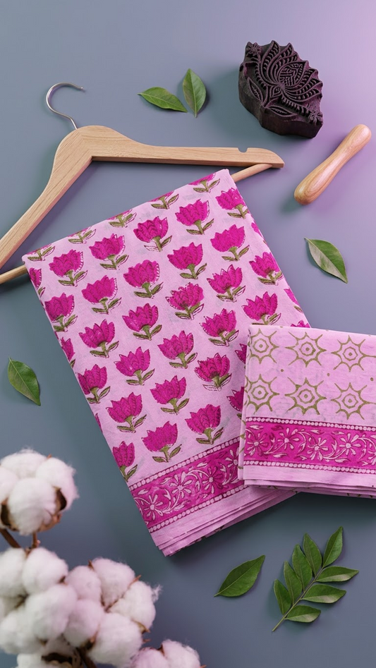 Pink cotton saree with magenta lotus motifs, a magenta floral border, and an olive geometric-print blouse piece, arranged with the blouse piece in a styled flat lay