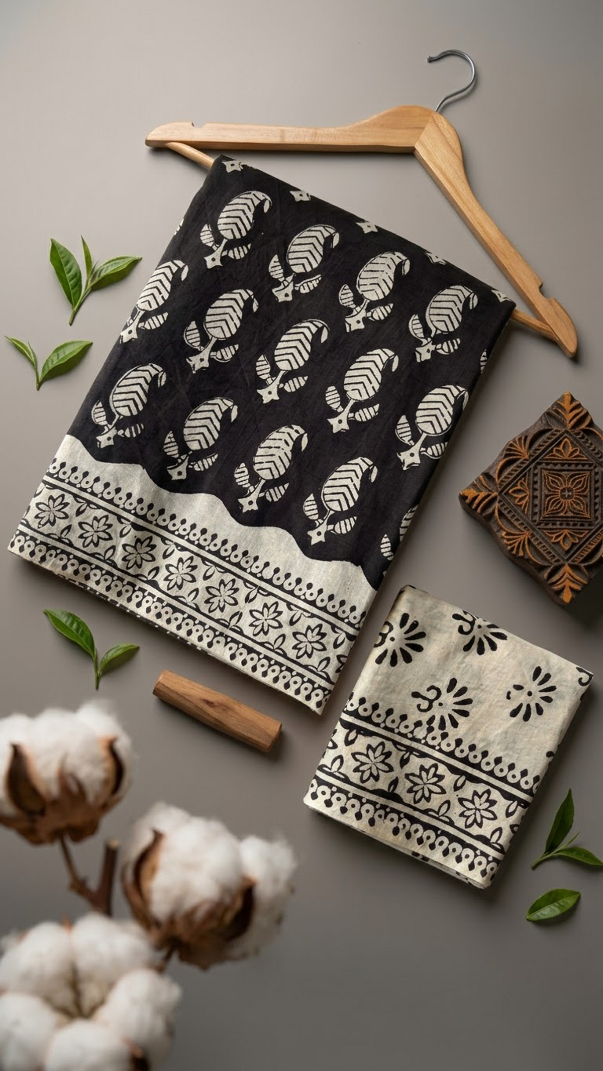 Black cotton saree with ivory leaf sprigs, an ivory floral border, and an ivory blouse piece with black floral motifs, arranged with the blouse piece in a styled flat lay