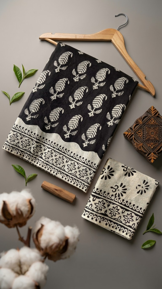 Black cotton saree with ivory leaf sprigs, an ivory floral border, and an ivory blouse piece with black floral motifs, arranged with the blouse piece in a styled flat lay