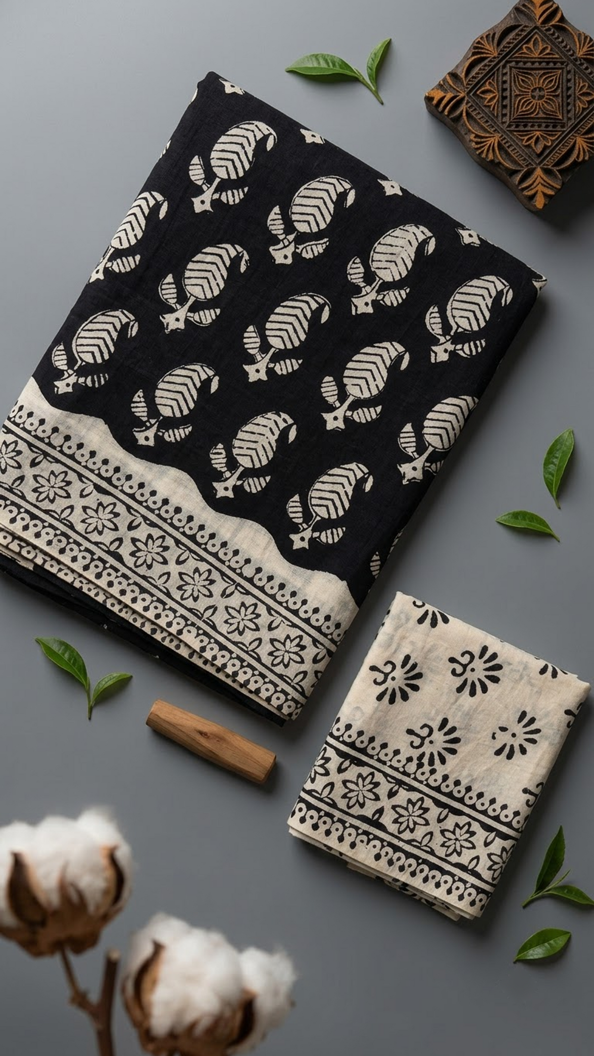 Black cotton saree with ivory leaf sprigs, an ivory floral border, and an ivory blouse piece with black floral motifs, shown with the blouse piece in a close detail view