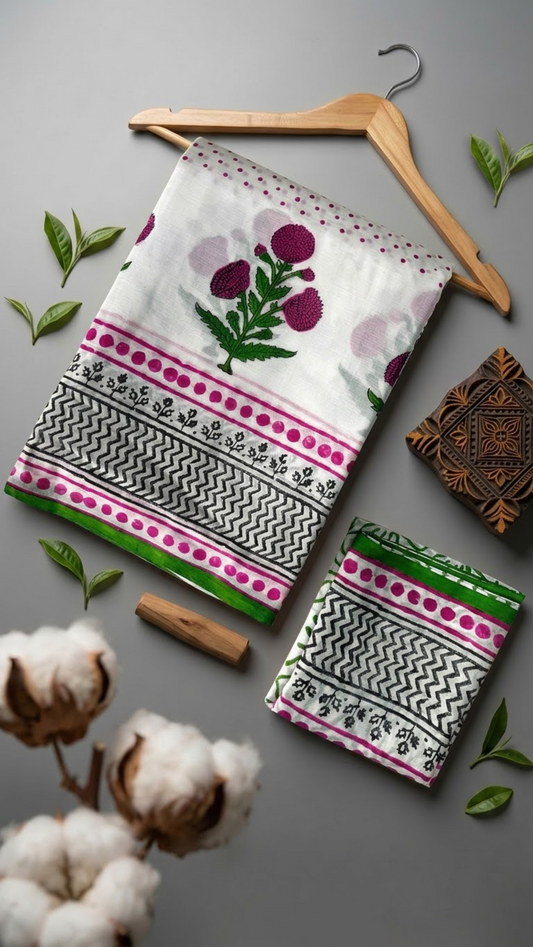 Ivory pink polka dot cotton saree arranged with its floral pallu and coordinating printed blouse in a styled flat lay
