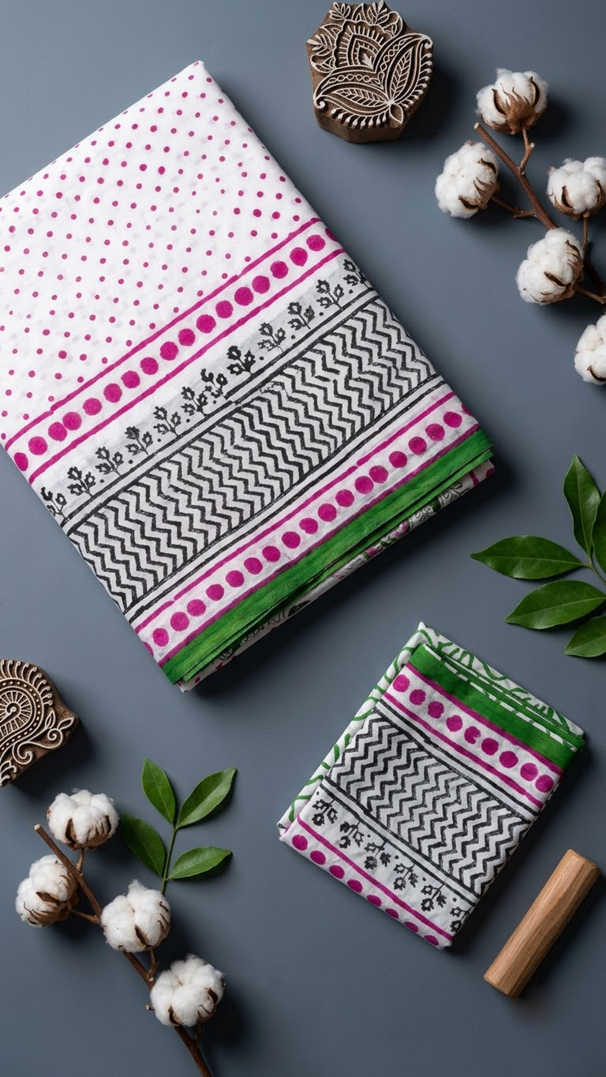 Close detail of the ivory saree's small pink dotted body, black zigzag border, pink dot bands, green hem and coordinating printed blouse piece