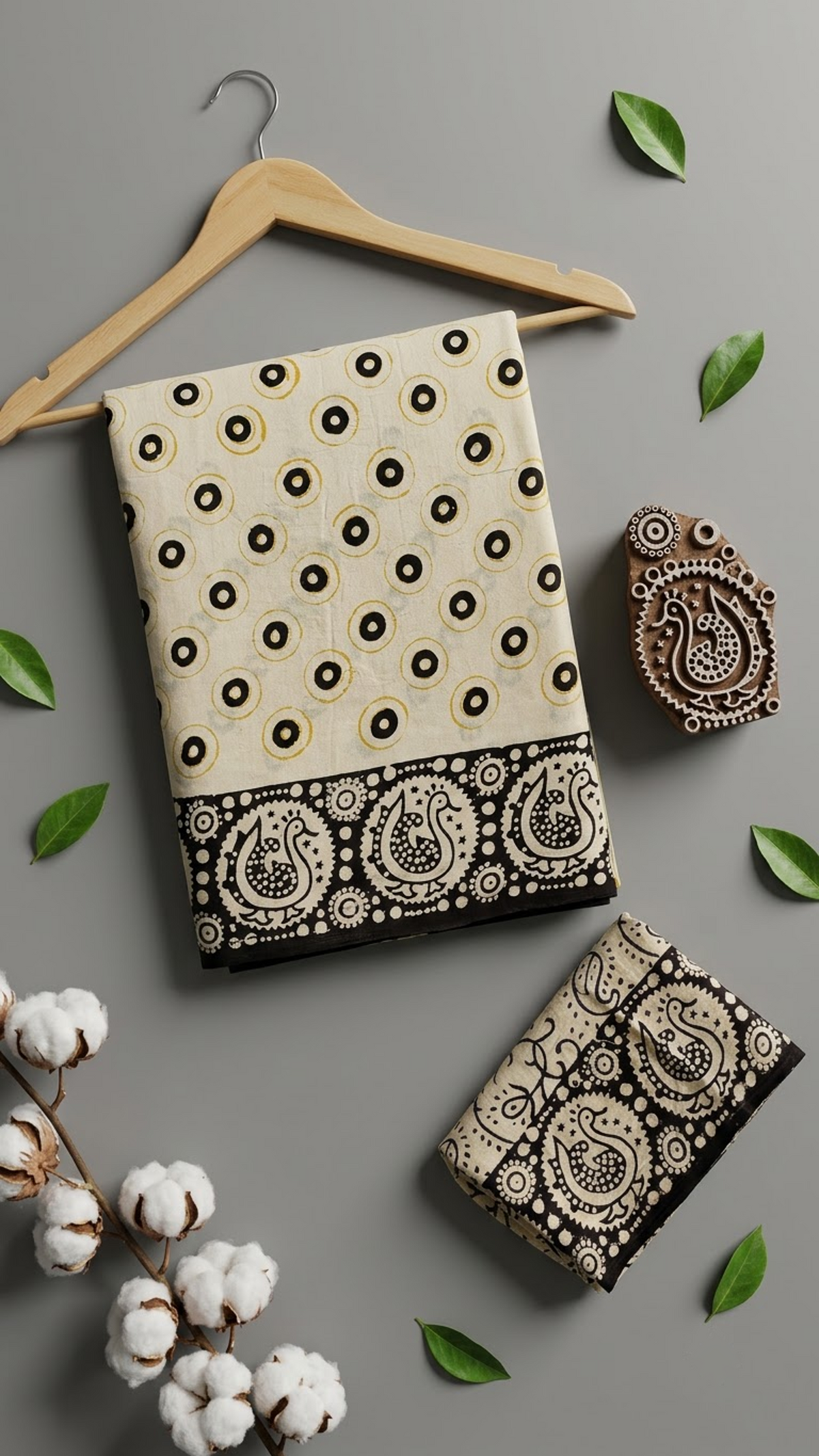Ivory cotton saree with black circles and yellow rings, a black paisley border, and an ivory black vine-print blouse piece, arranged with the blouse piece in a styled flat lay