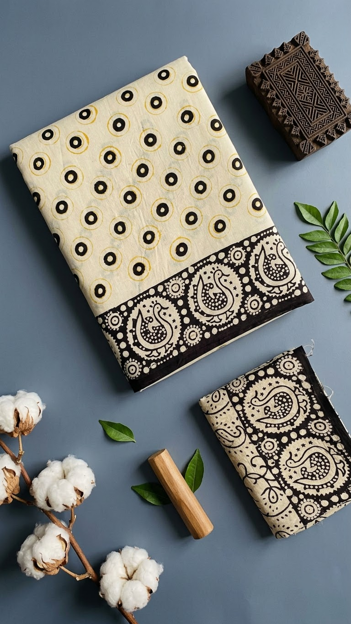Ivory cotton saree with black circles and yellow rings, a black paisley border, and an ivory black vine-print blouse piece, shown with the blouse piece in a close detail view